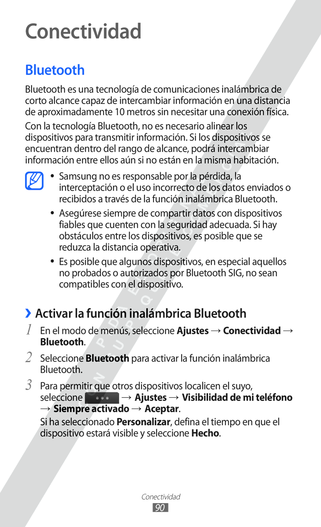 Samsung GT-S5780YKAFOP, GT-S5780YKAXEC, GT-S5780YKDXEC manual Conectividad, ››Activar la función inalámbrica Bluetooth 