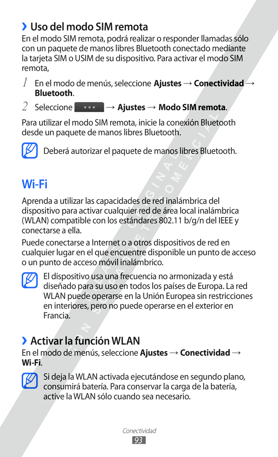 Samsung GT-S5780YKDXEC, GT-S5780YKAXEC, GT-S5780YKAFOP manual Wi-Fi, ››Uso del modo SIM remota, ››Activar la función Wlan 