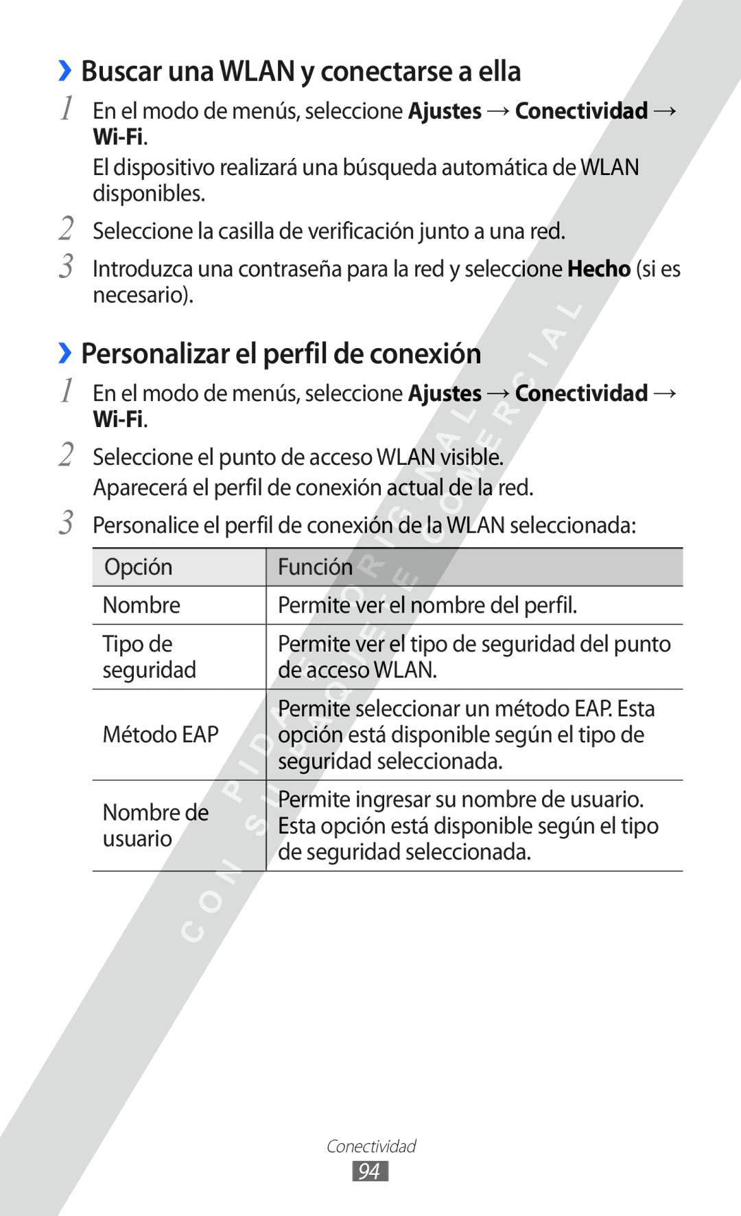 Samsung GT-S5780YKAFOP, GT-S5780YKAXEC ››Buscar una Wlan y conectarse a ella, ››Personalizar el perfil de conexión, Wi-Fi 