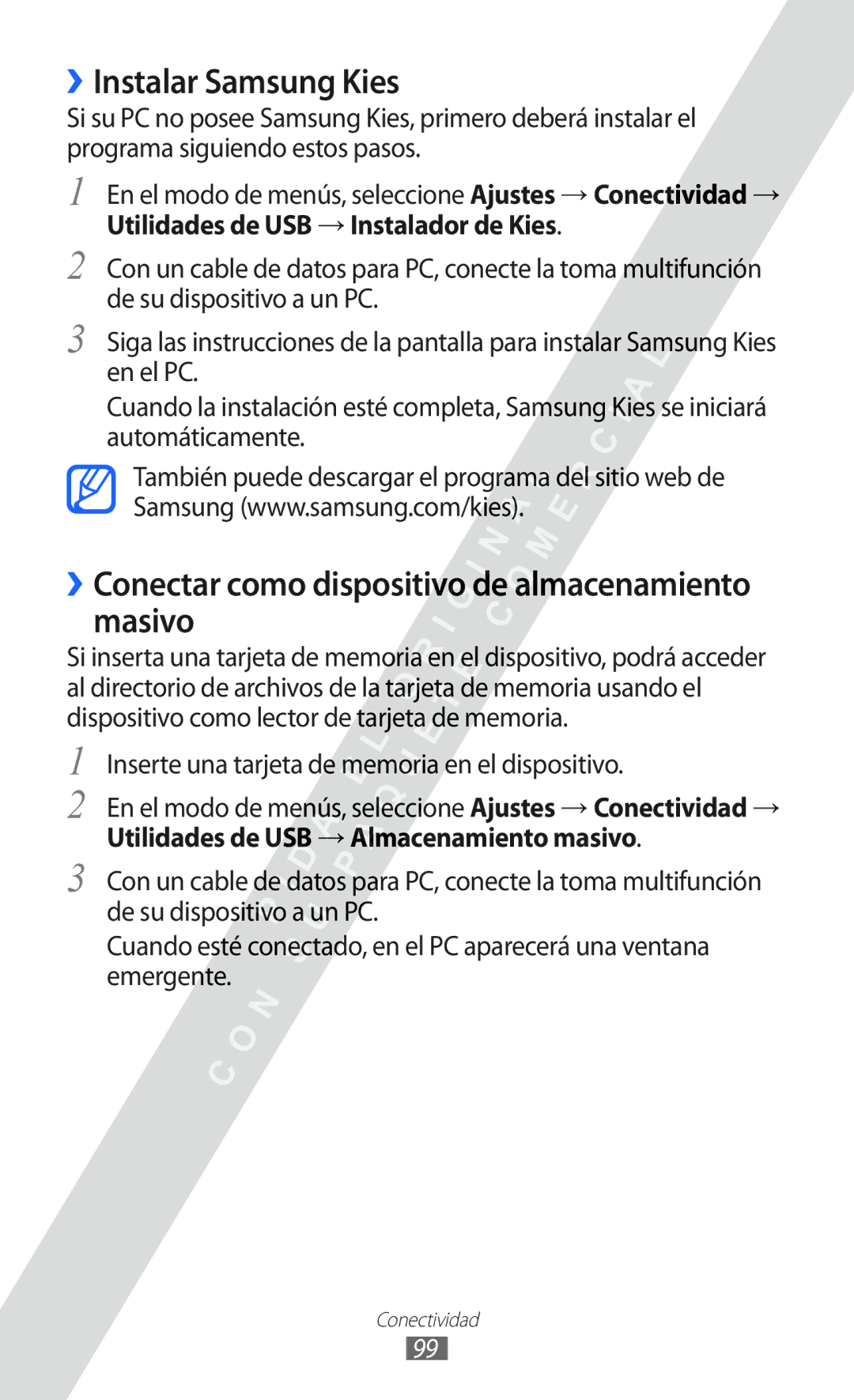 Samsung GT-S5780YKAAMN, GT-S5780YKAXEC manual ››Instalar Samsung Kies, ››Conectar como dispositivo de almacenamiento masivo 
