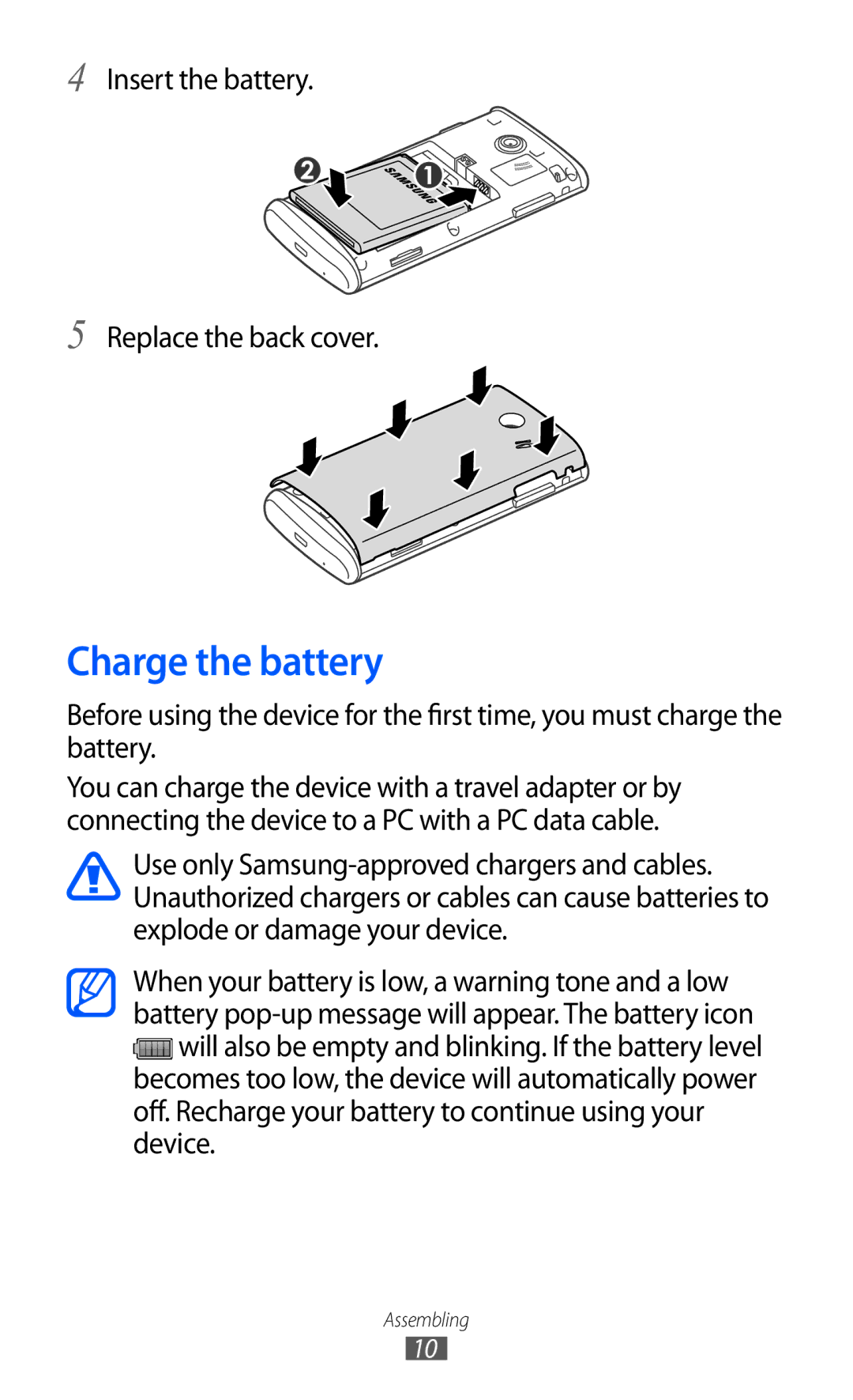 Samsung GT-S5780YKDXEV, GT-S5780YKDXXV manual Charge the battery, Insert the battery Replace the back cover 