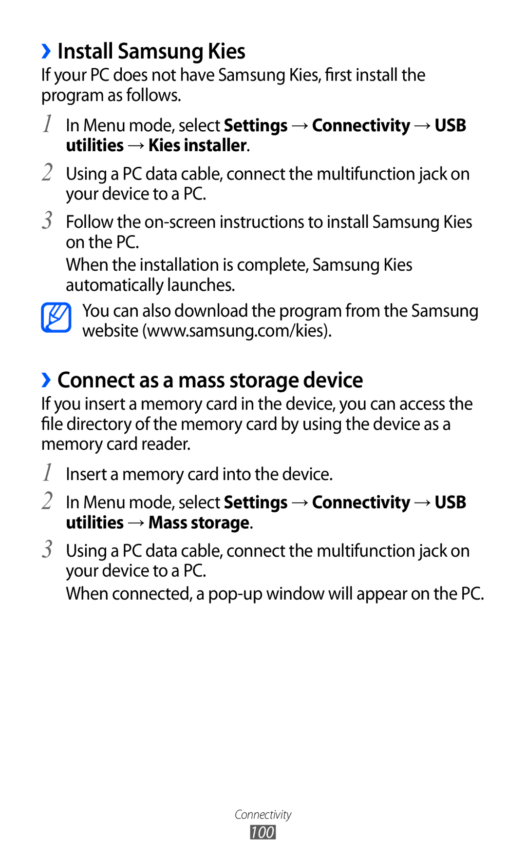 Samsung GT-S5780YKDXEV, GT-S5780YKDXXV manual ››Install Samsung Kies, ››Connect as a mass storage device 