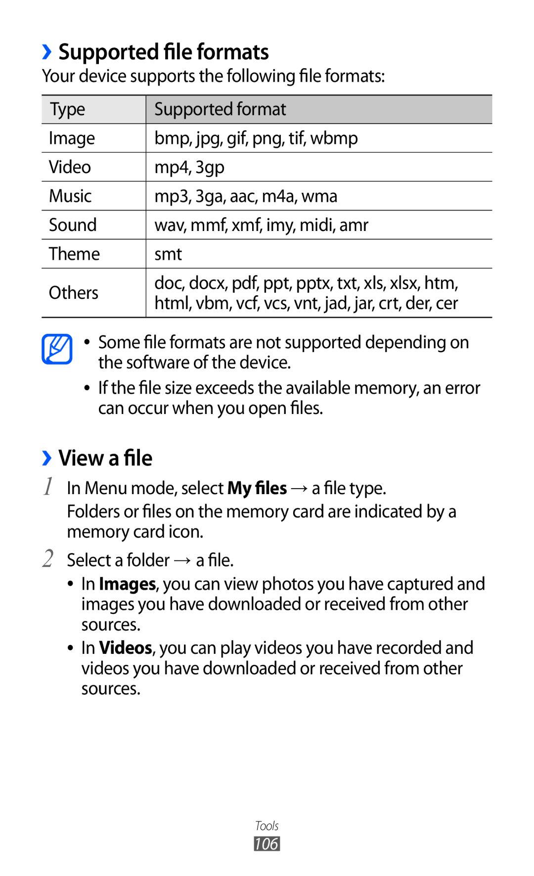 Samsung GT-S5780YKDXEV manual Supported file formats, ››View a file, Your device supports the following file formats 