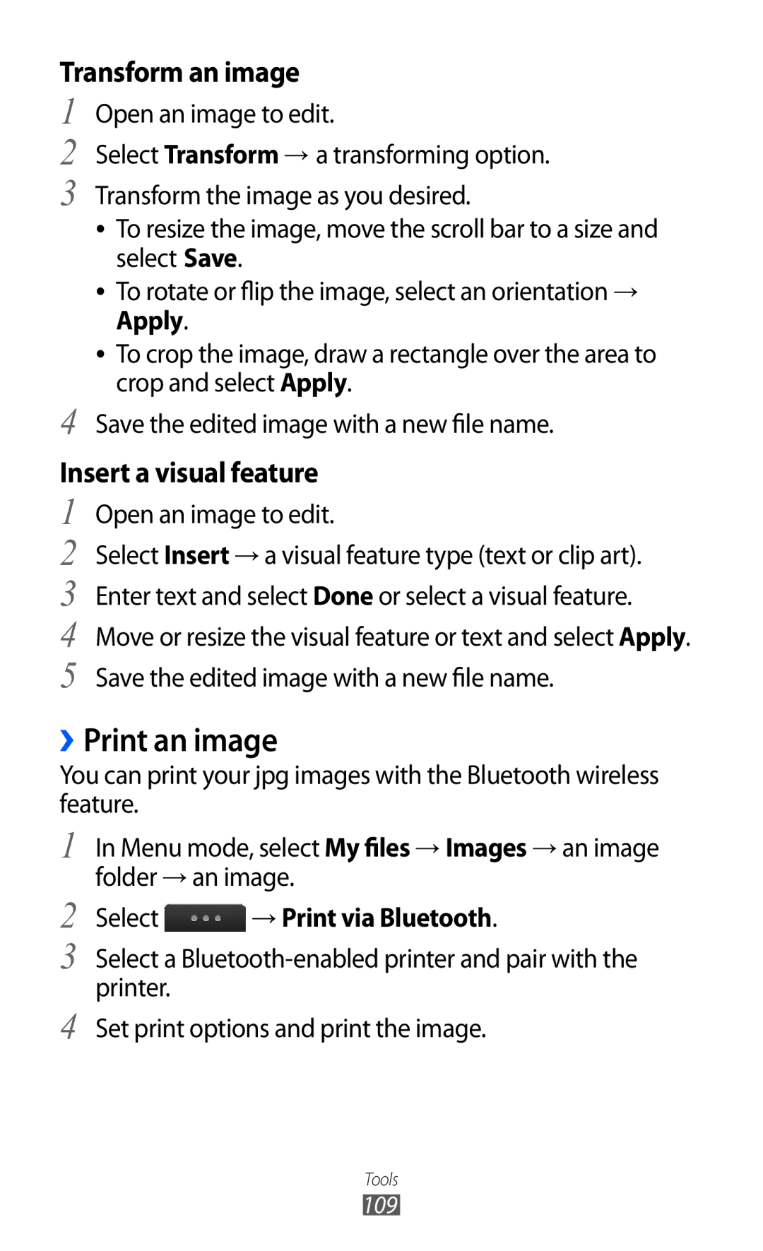 Samsung GT-S5780YKDXXV manual ››Print an image, Transform an image, Insert a visual feature, Open an image to edit 