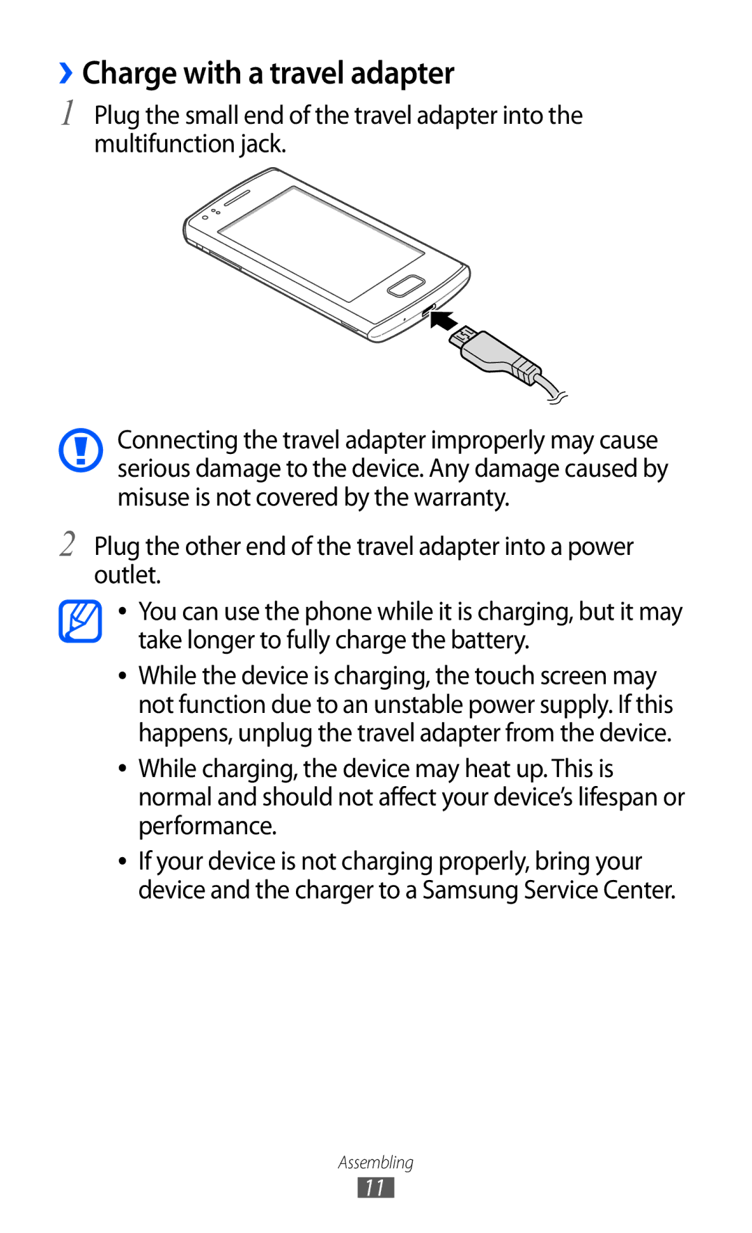 Samsung GT-S5780YKDXXV, GT-S5780YKDXEV manual ››Charge with a travel adapter 