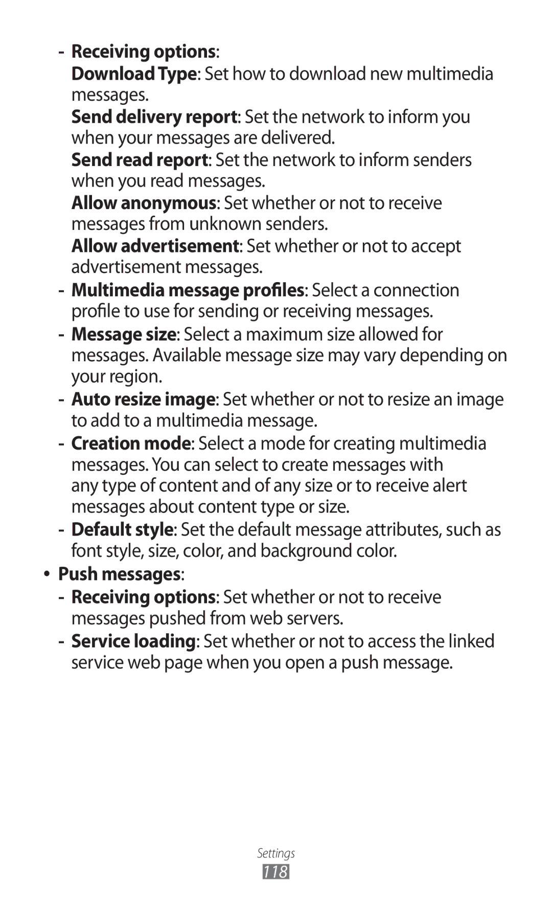 Samsung GT-S5780YKDXEV, GT-S5780YKDXXV manual Receiving options, Push messages 