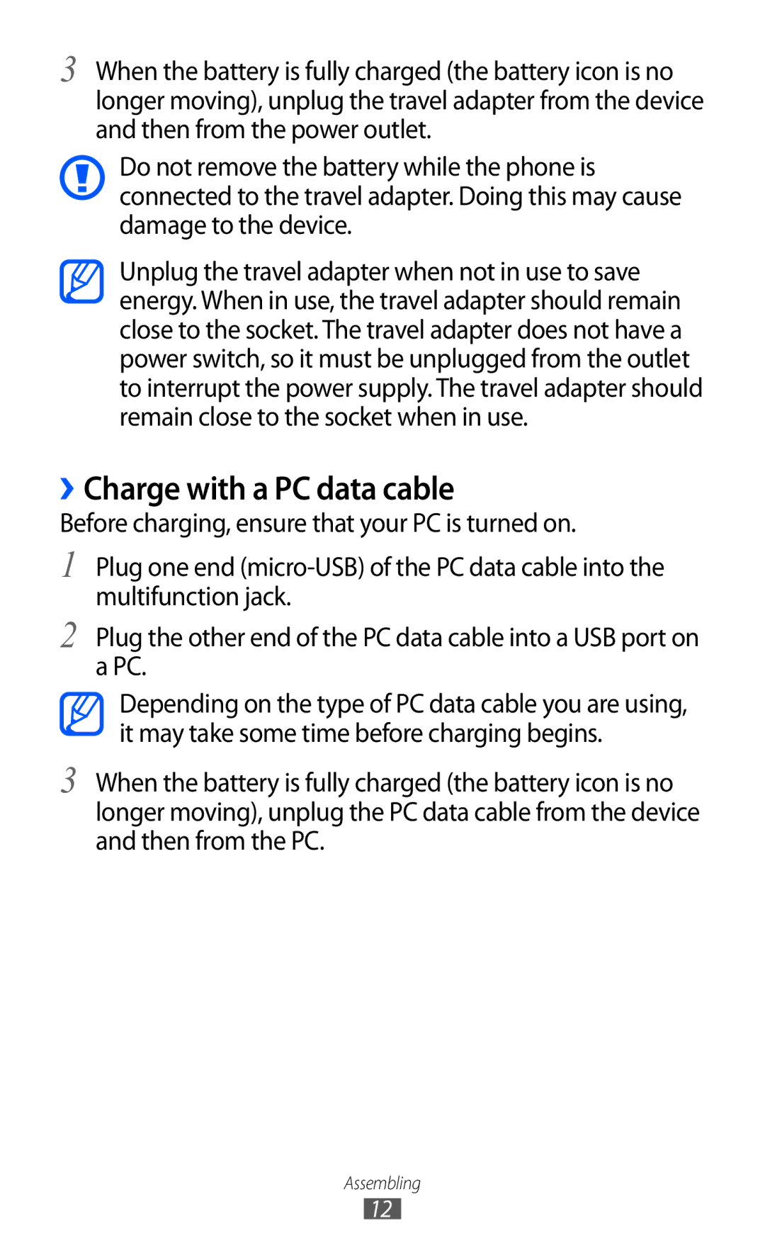 Samsung GT-S5780YKDXEV, GT-S5780YKDXXV manual ››Charge with a PC data cable 