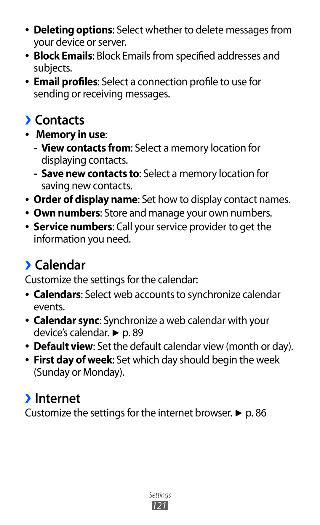 Samsung GT-S5780YKDXXV, GT-S5780YKDXEV manual ››Contacts, ››Calendar, ››Internet, Memory in use 