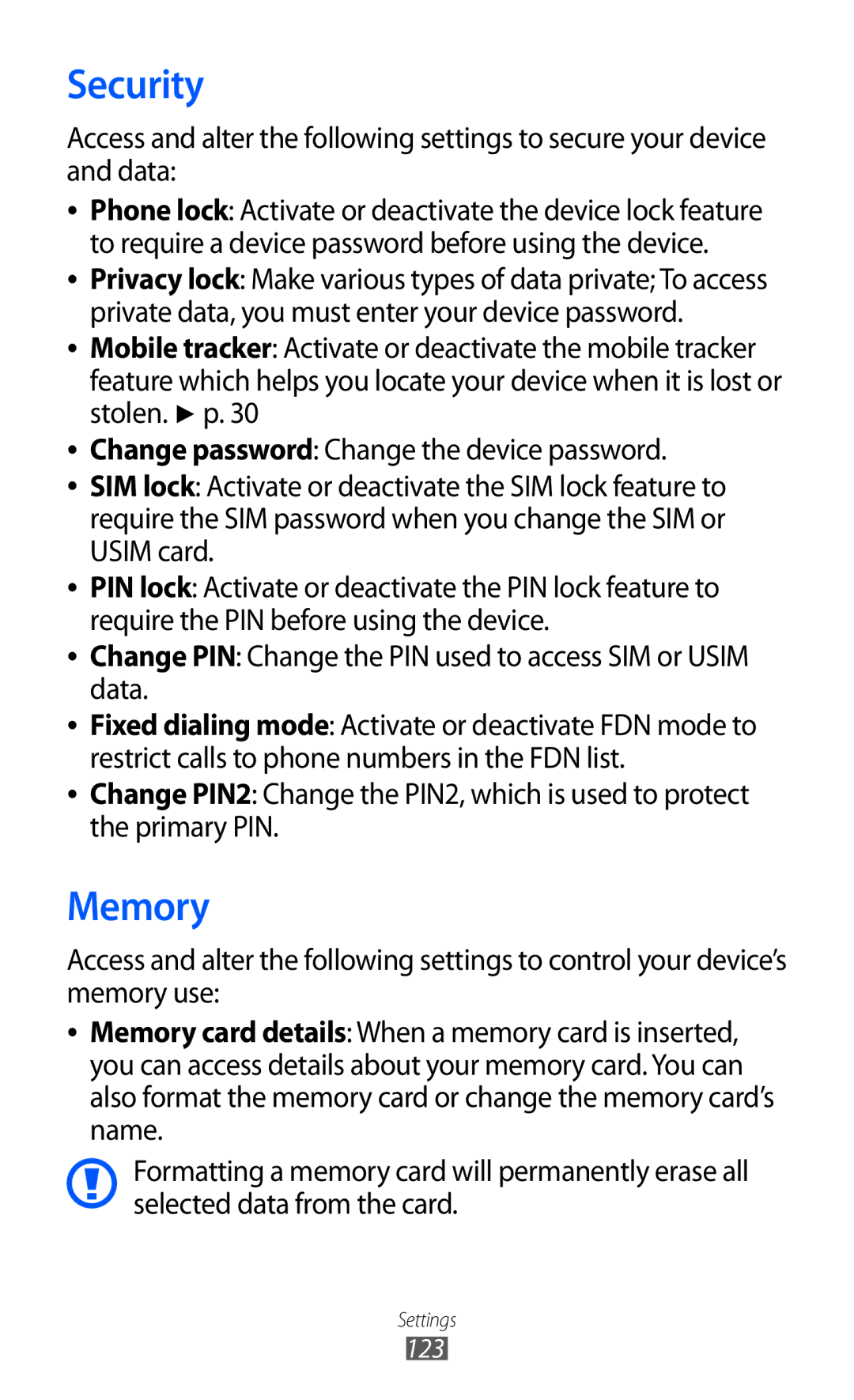 Samsung GT-S5780YKDXXV, GT-S5780YKDXEV manual Security, Memory, Change PIN Change the PIN used to access SIM or Usim data 