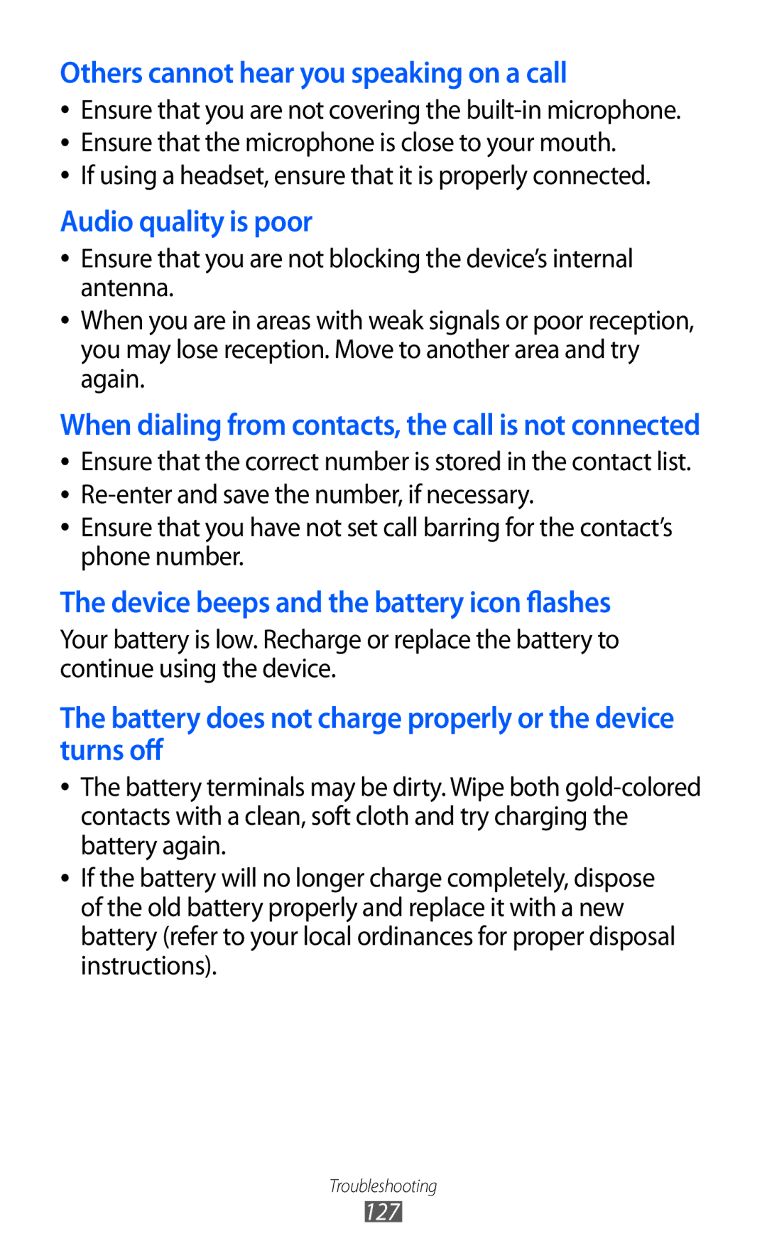 Samsung GT-S5780YKDXXV Others cannot hear you speaking on a call, If using a headset, ensure that it is properly connected 