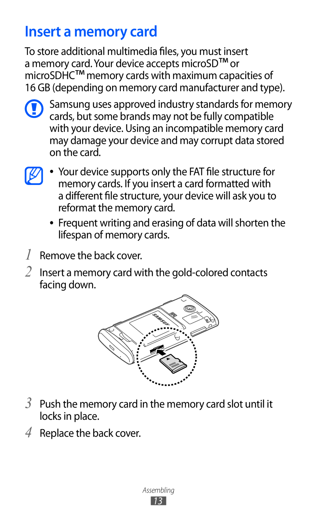 Samsung GT-S5780YKDXXV, GT-S5780YKDXEV manual Insert a memory card 