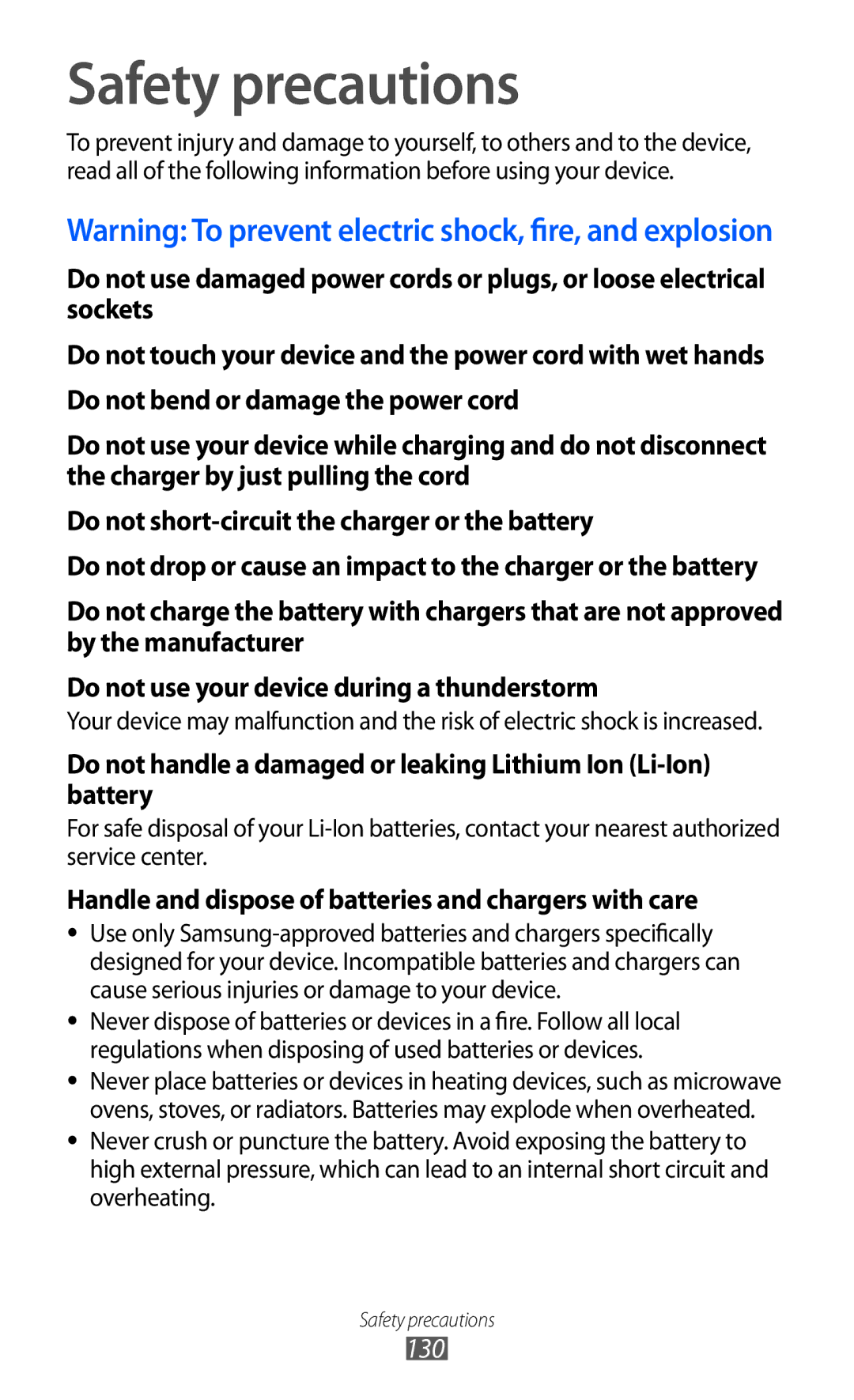 Samsung GT-S5780YKDXEV, GT-S5780YKDXXV manual Safety precautions, Handle and dispose of batteries and chargers with care 