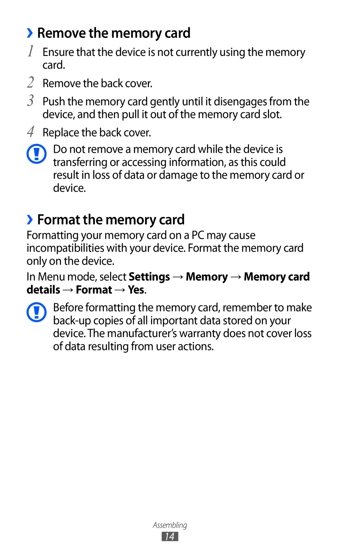 Samsung GT-S5780YKDXEV, GT-S5780YKDXXV manual ››Remove the memory card, ››Format the memory card 