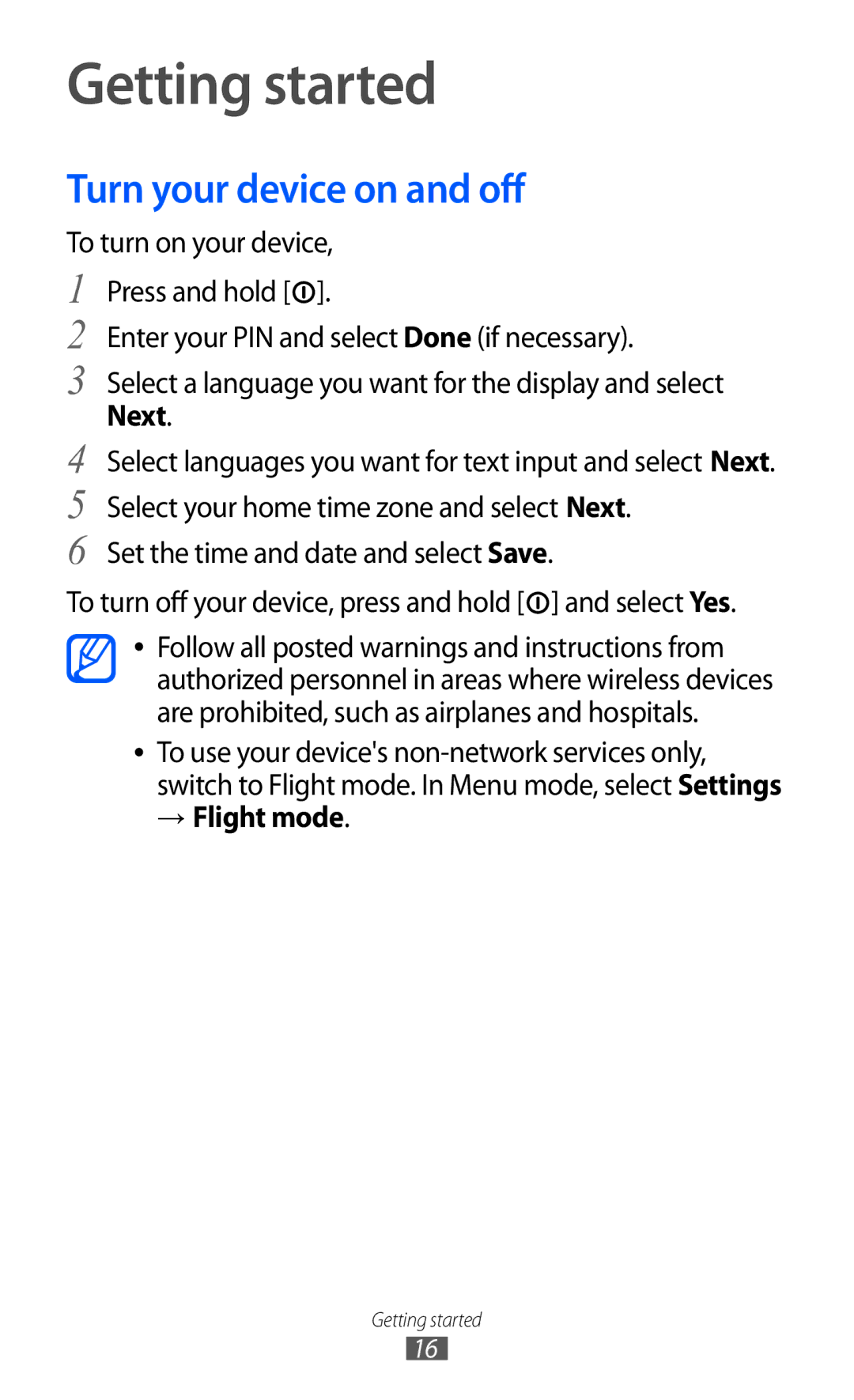 Samsung GT-S5780YKDXEV, GT-S5780YKDXXV manual Getting started, Turn your device on and off, Next, → Flight mode 