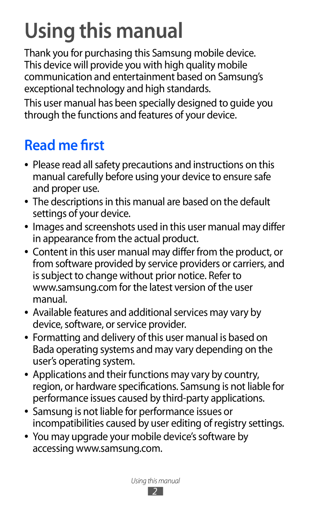 Samsung GT-S5780YKDXEV, GT-S5780YKDXXV Using this manual, Read me first 