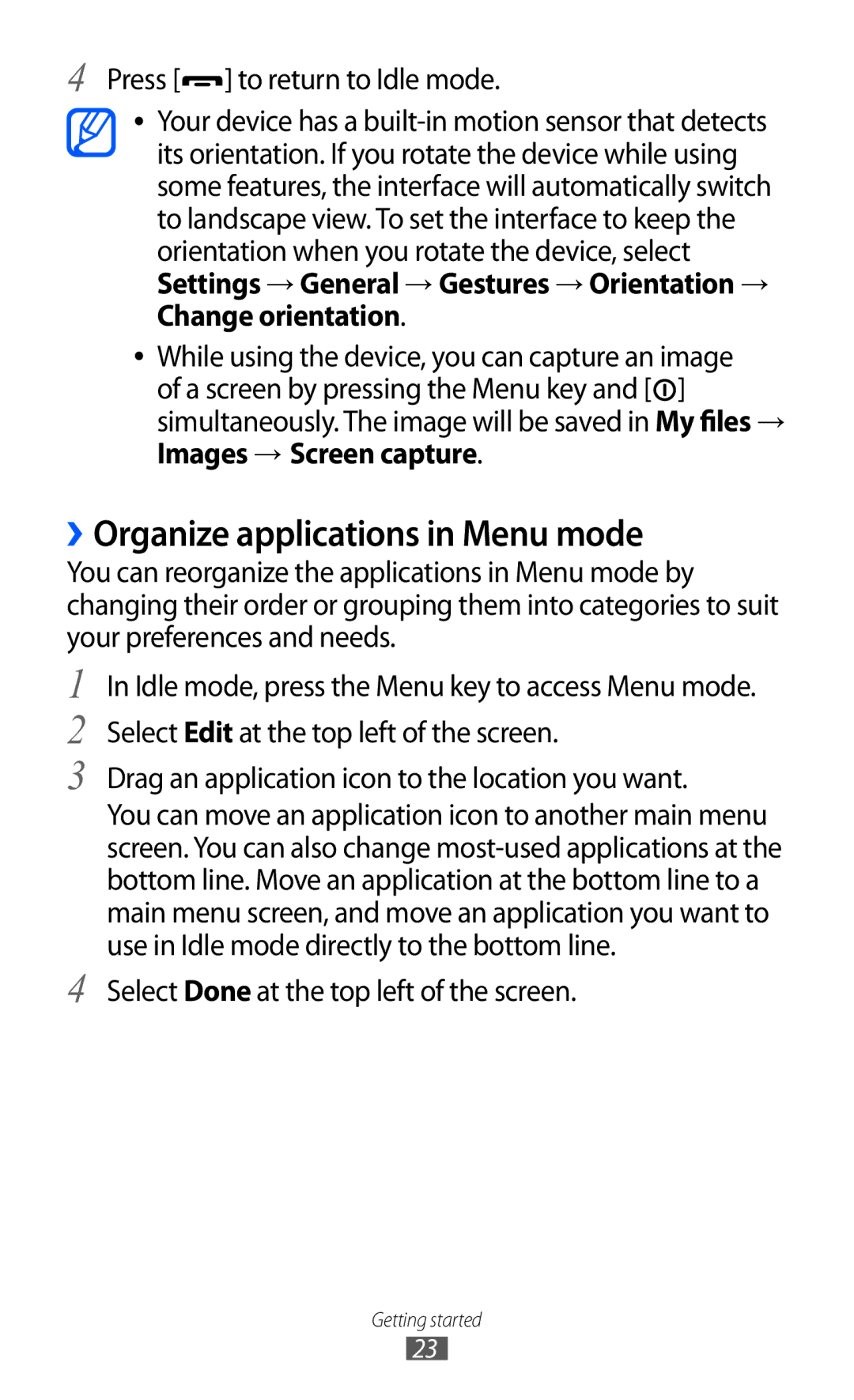 Samsung GT-S5780YKDXXV, GT-S5780YKDXEV manual ››Organize applications in Menu mode, Press to return to Idle mode 