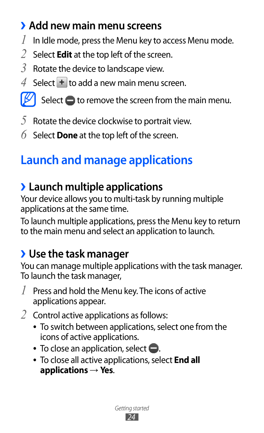 Samsung GT-S5780YKDXEV manual Launch and manage applications, ››Add new main menu screens, ››Launch multiple applications 