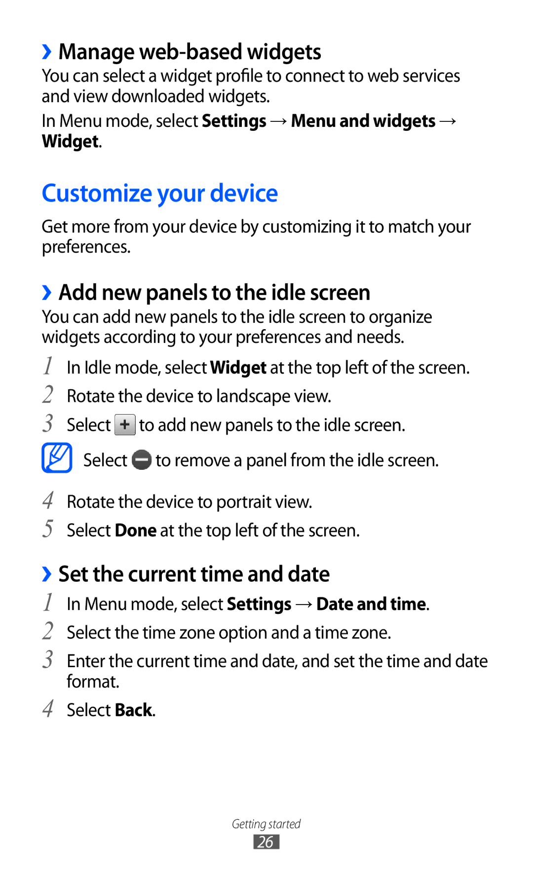 Samsung GT-S5780YKDXEV manual Customize your device, ››Manage web-based widgets, ››Add new panels to the idle screen 