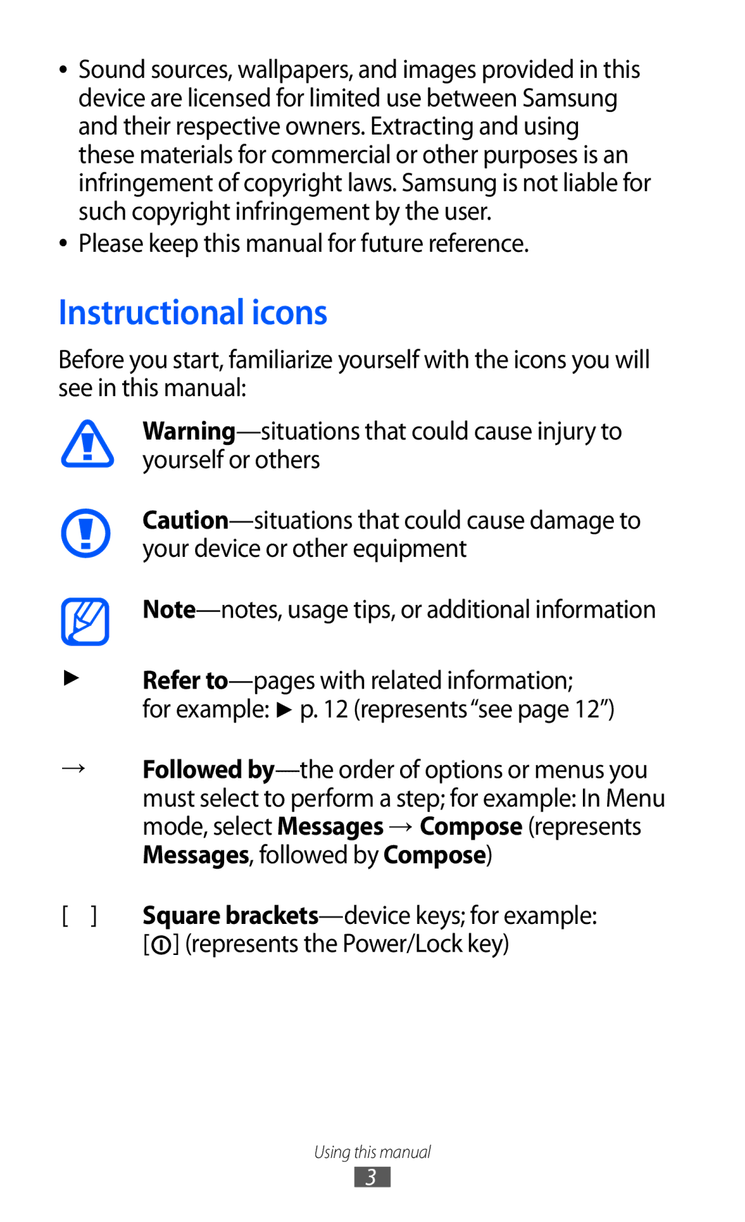 Samsung GT-S5780YKDXXV Instructional icons, Please keep this manual for future reference, Represents the Power/Lock key 