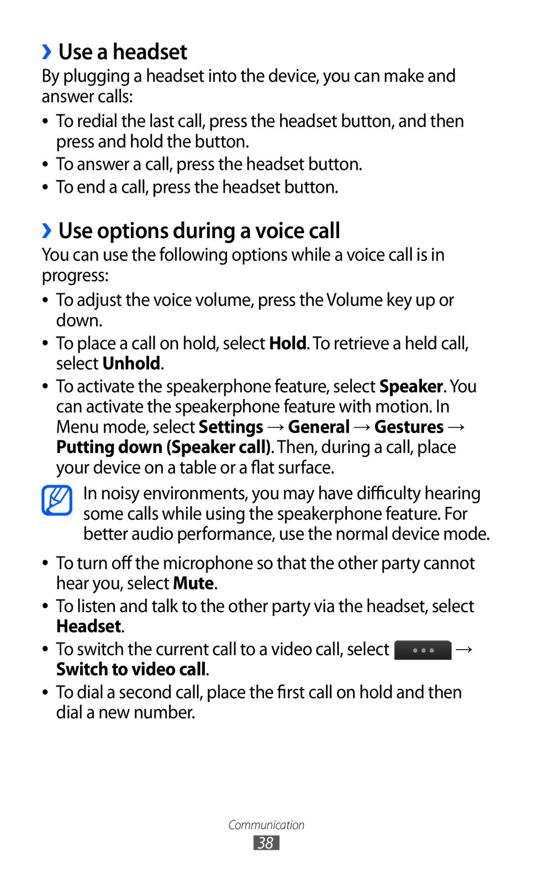 Samsung GT-S5780YKDXEV, GT-S5780YKDXXV manual ››Use a headset, ››Use options during a voice call, Switch to video call 