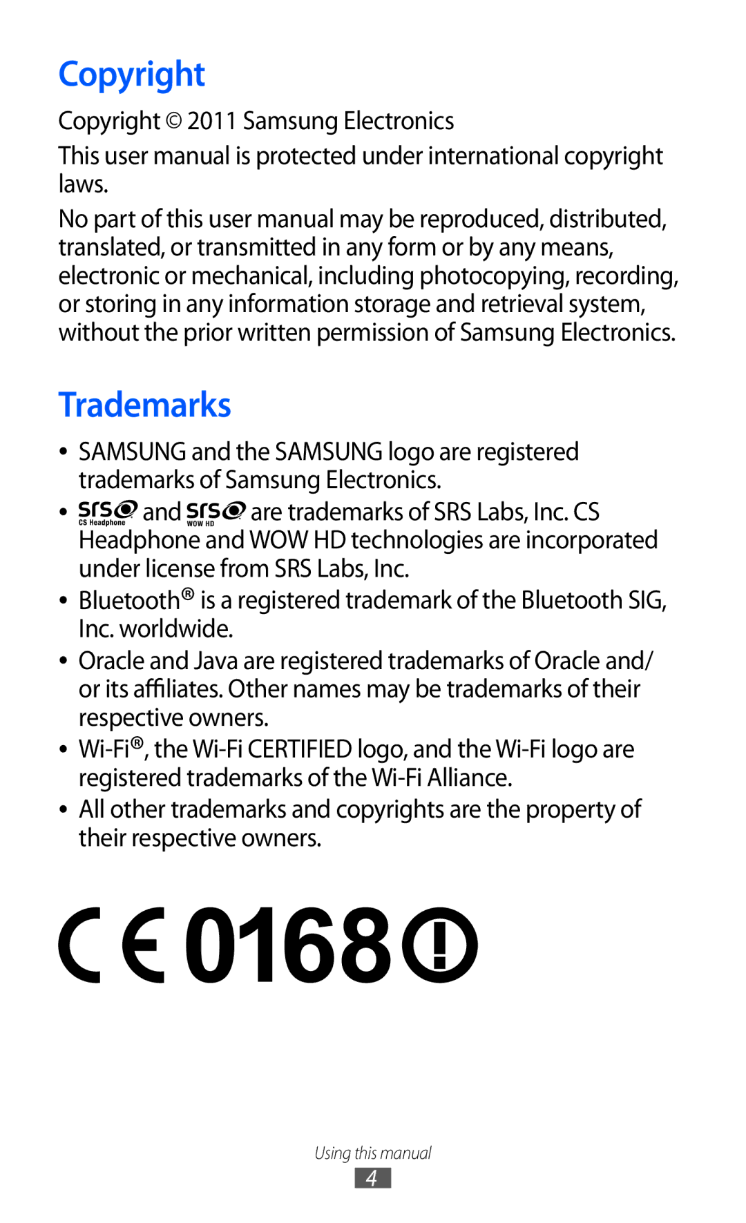 Samsung GT-S5780YKDXEV, GT-S5780YKDXXV manual Trademarks, Copyright 2011 Samsung Electronics 