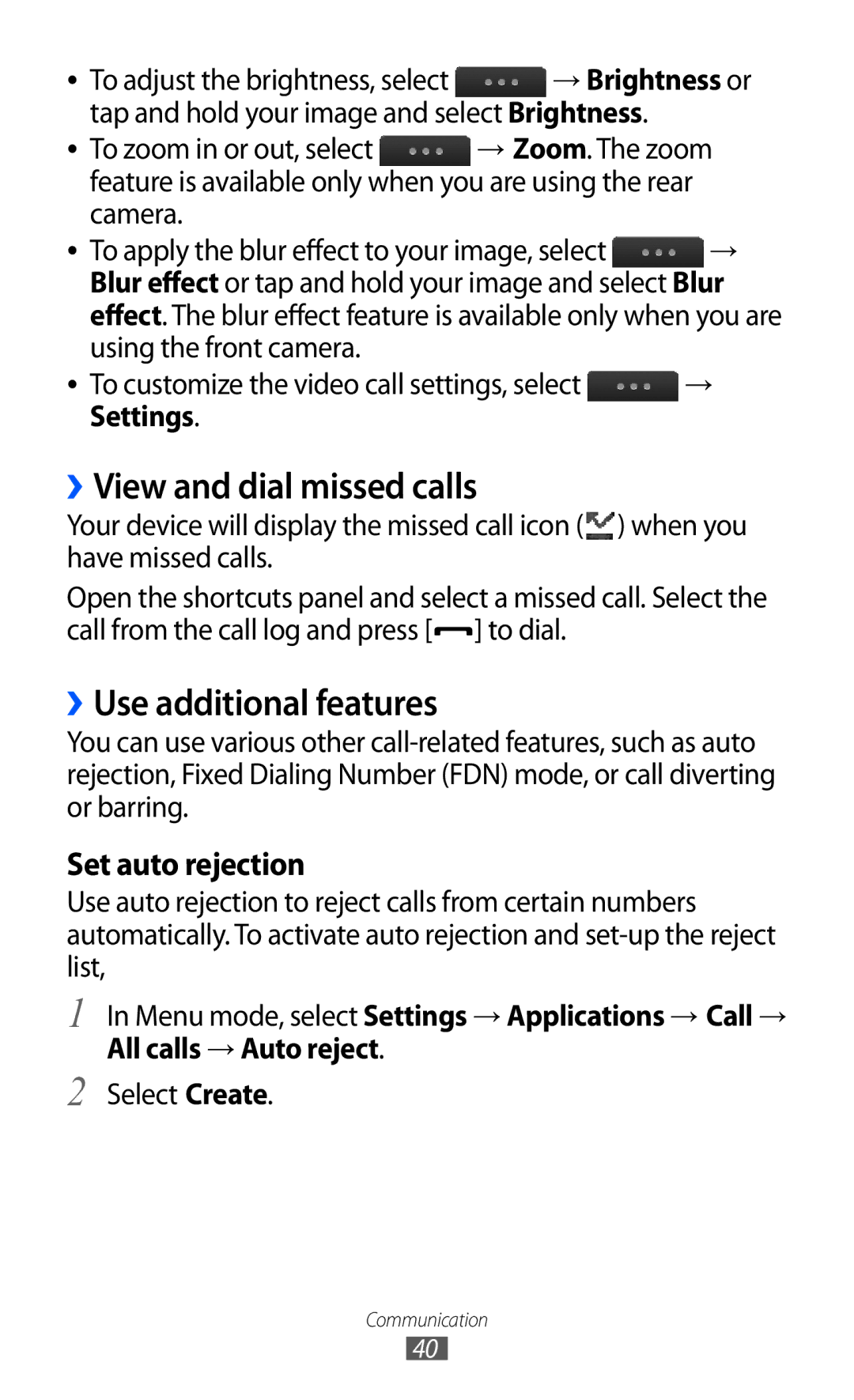 Samsung GT-S5780YKDXEV manual ››View and dial missed calls, ››Use additional features, Set auto rejection, Settings 