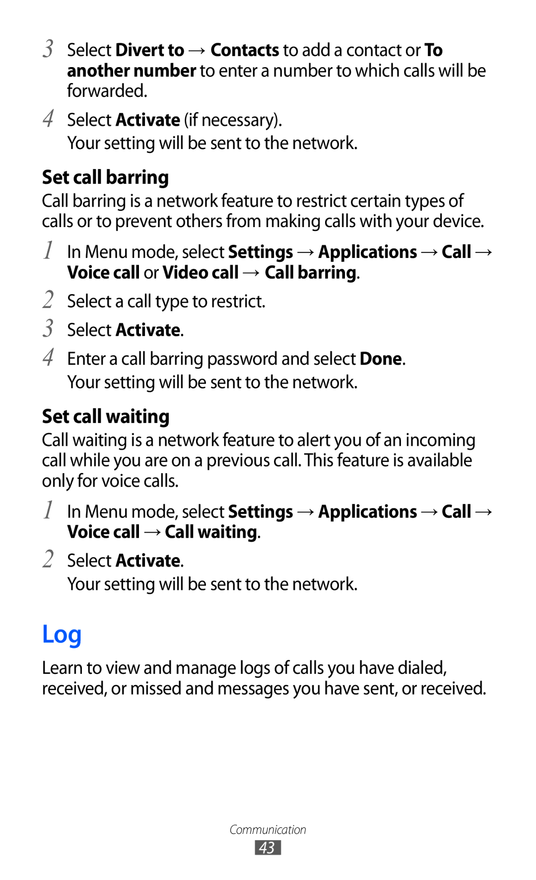 Samsung GT-S5780YKDXXV manual Log, Set call barring, Set call waiting, Select a call type to restrict Select Activate 