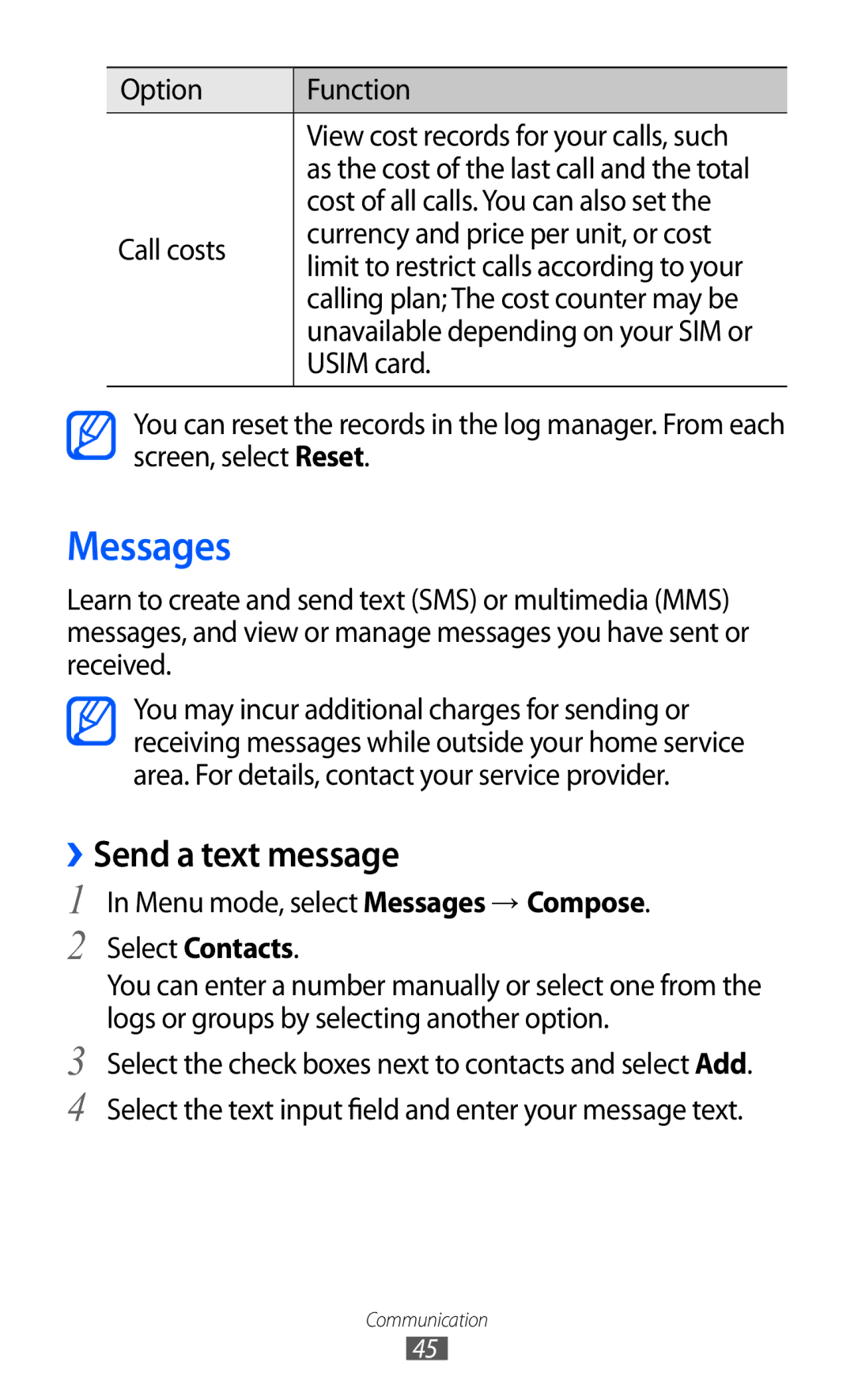 Samsung GT-S5780YKDXXV Messages, ››Send a text message, Option Function, Cost of all calls. You can also set, Usim card 