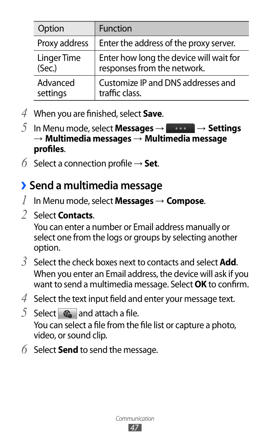 Samsung GT-S5780YKDXXV, GT-S5780YKDXEV ››Send a multimedia message, Linger Time, Sec Responses from the network Advanced 