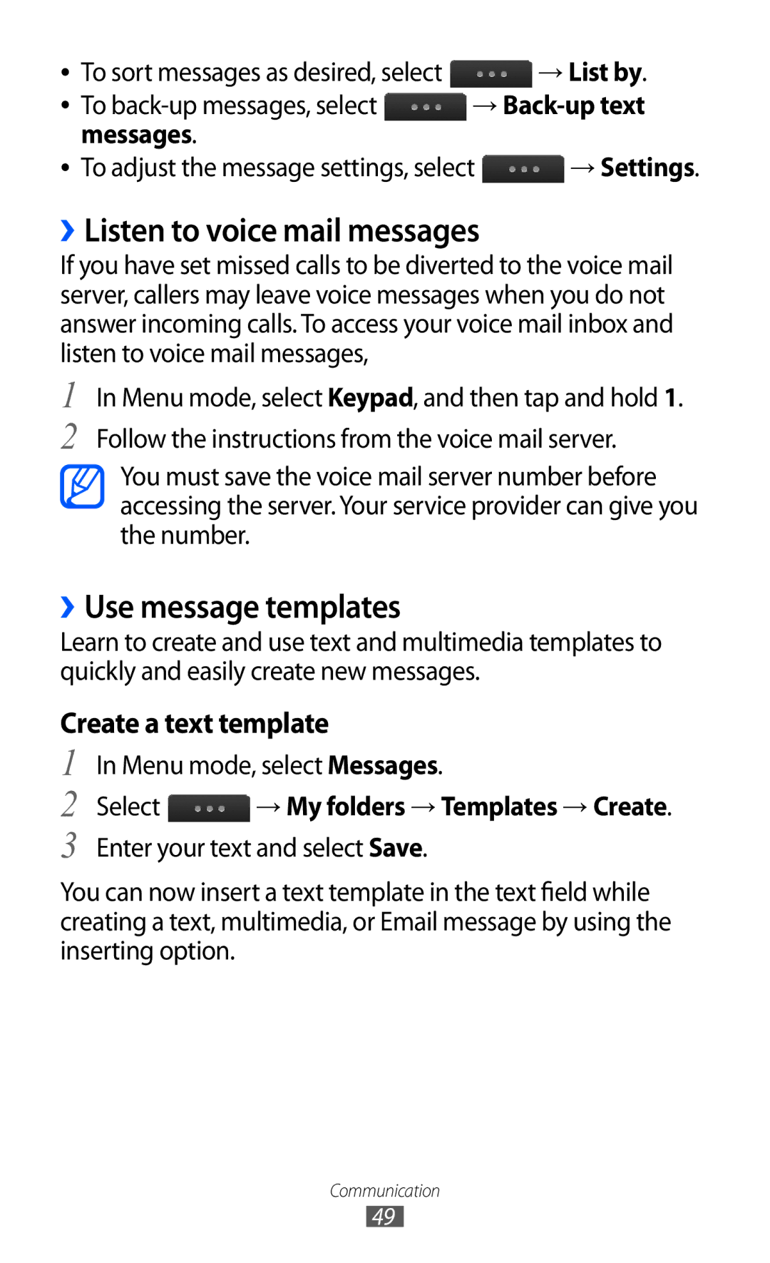 Samsung GT-S5780YKDXXV, GT-S5780YKDXEV ››Listen to voice mail messages, ››Use message templates, Create a text template 