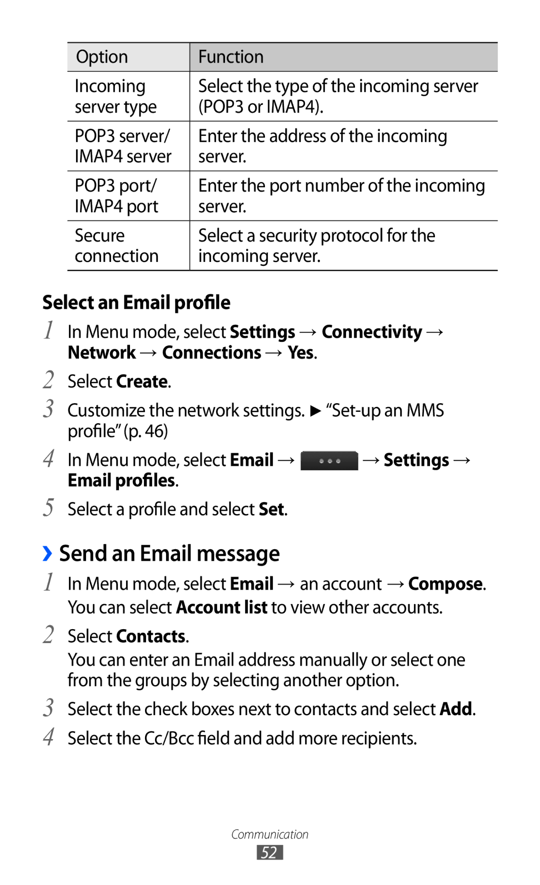 Samsung GT-S5780YKDXEV manual ››Send an Email message, Select an Email profile, Network → Connections → Yes, Email profiles 