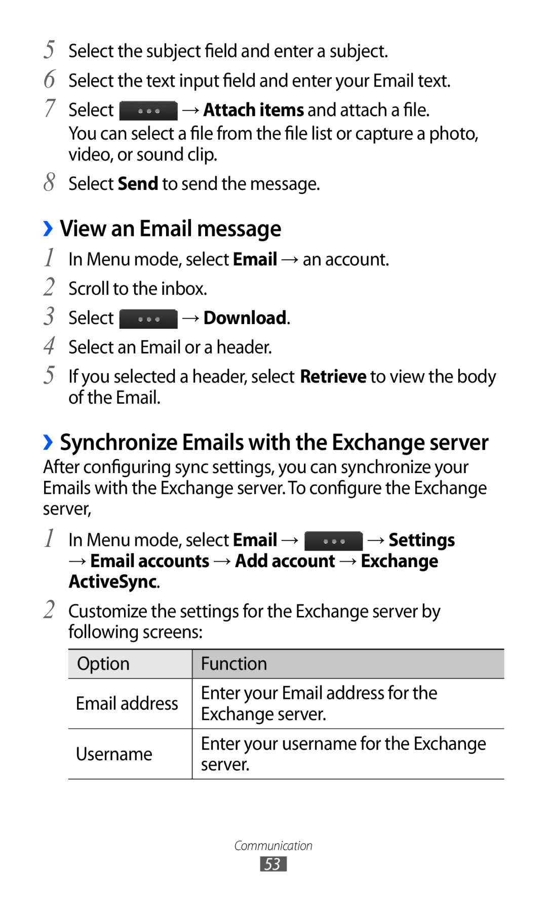 Samsung GT-S5780YKDXXV, GT-S5780YKDXEV manual ››View an Email message, ››Synchronize Emails with the Exchange server 