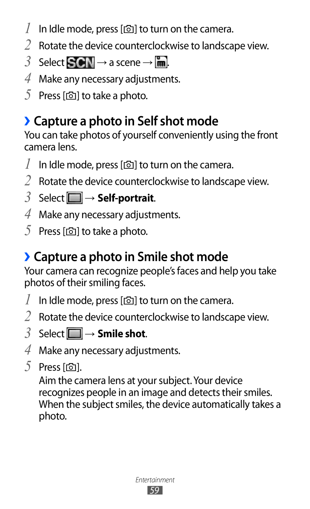 Samsung GT-S5780YKDXXV ››Capture a photo in Self shot mode, ››Capture a photo in Smile shot mode, Select → Self-portrait 