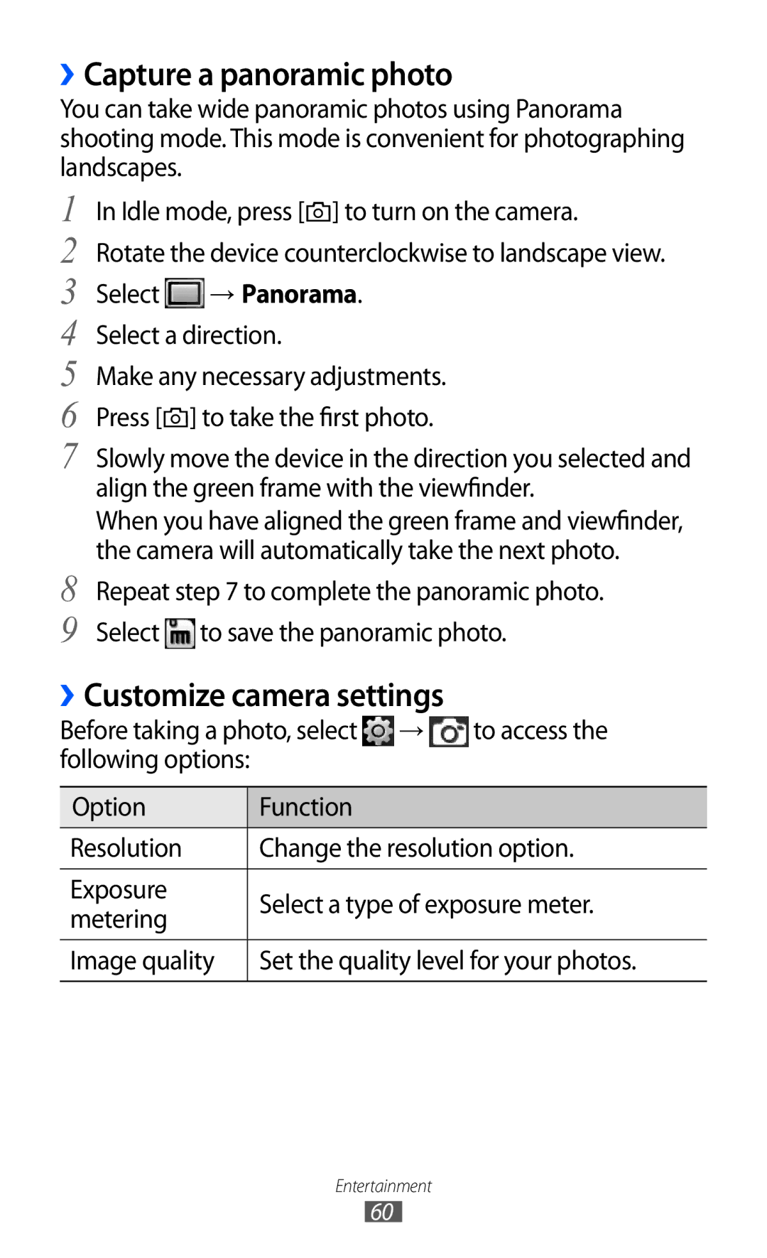 Samsung GT-S5780YKDXEV, GT-S5780YKDXXV manual ››Capture a panoramic photo, Customize camera settings 