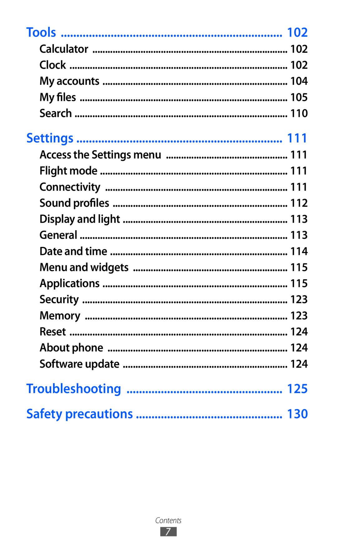 Samsung GT-S5780YKDXXV, GT-S5780YKDXEV manual 102, 104, 105, 110, 111, 112, 113, 114, 115, 123, 124 