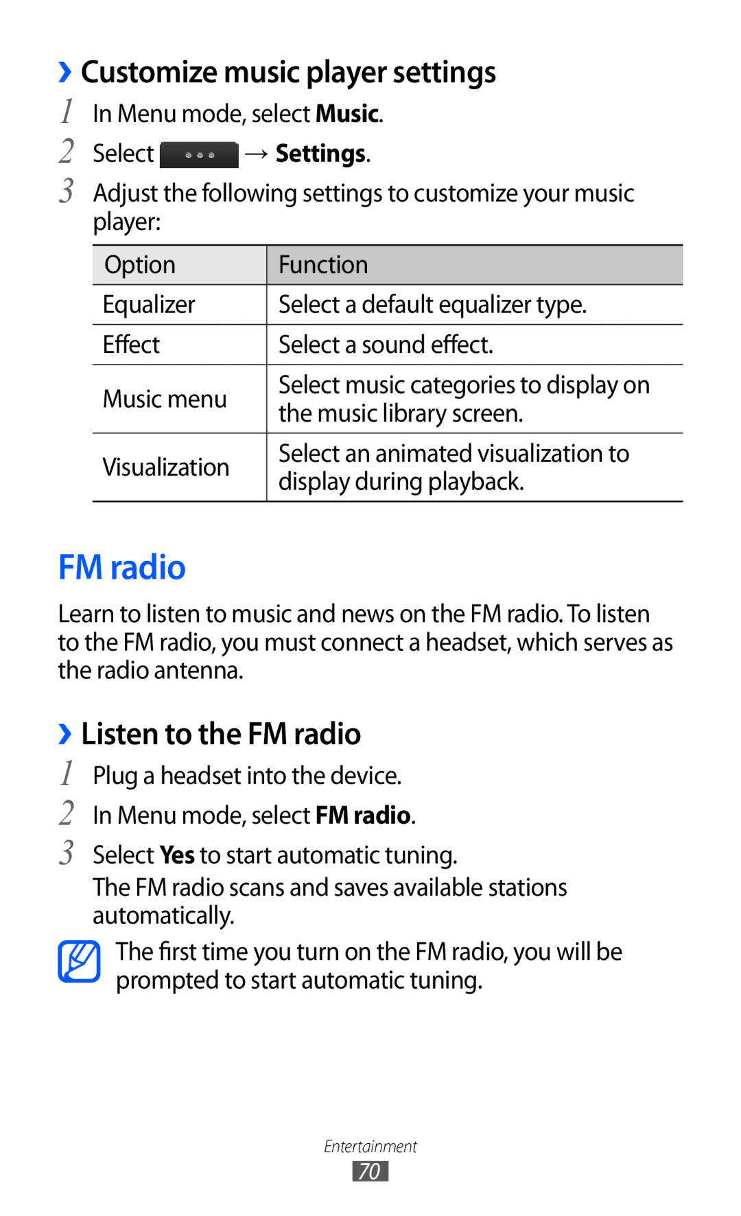 Samsung GT-S5780YKDXEV manual ››Customize music player settings, ››Listen to the FM radio, Music library screen 