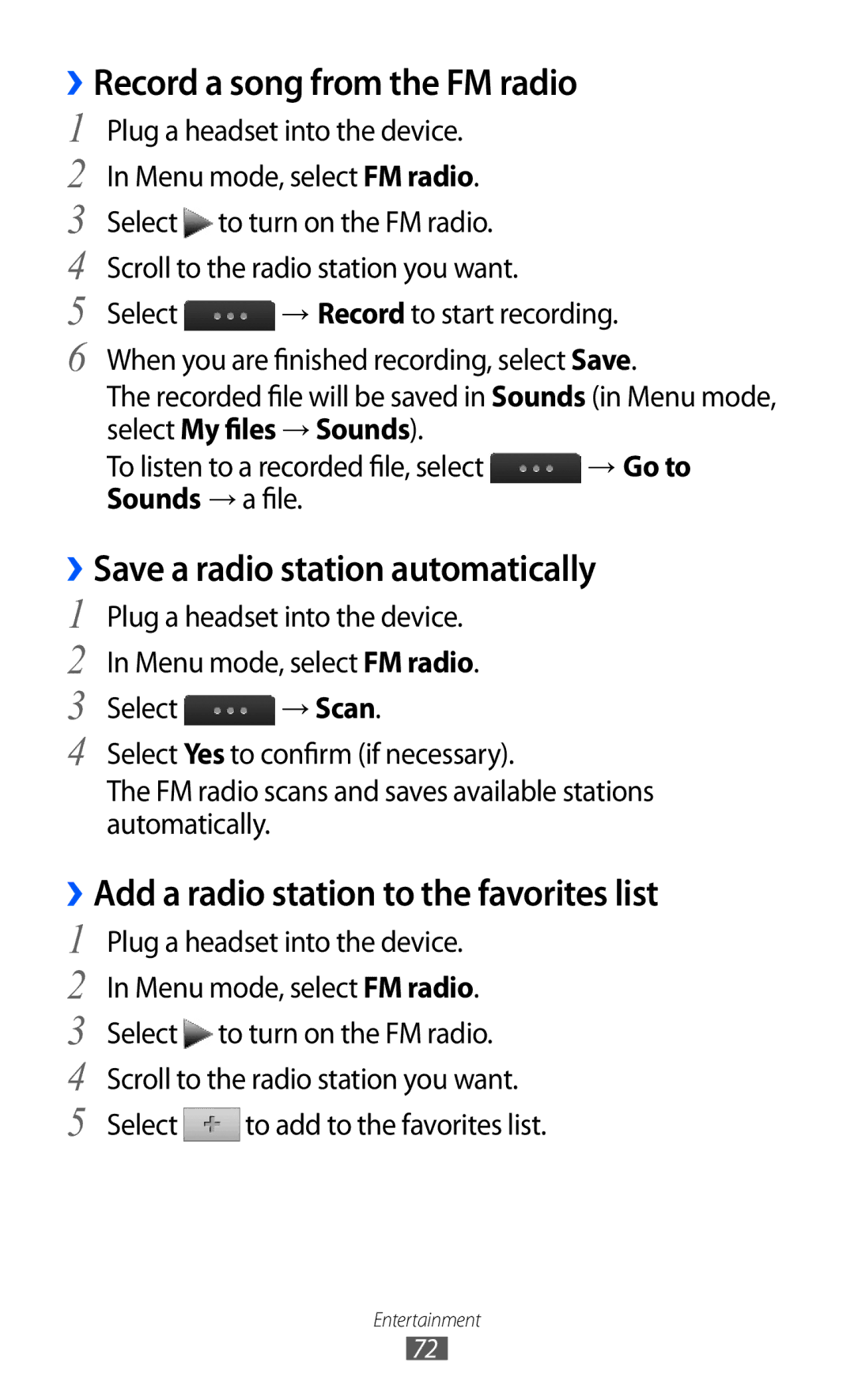 Samsung GT-S5780YKDXEV ››Save a radio station automatically, ››Add a radio station to the favorites list, Sounds → a file 