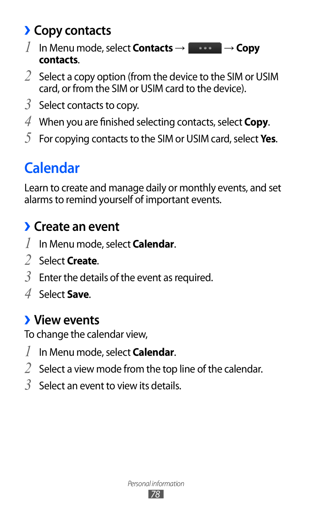 Samsung GT-S5780YKDXEV, GT-S5780YKDXXV manual Calendar, Copy contacts, ››Create an event, ››View events, Contacts 
