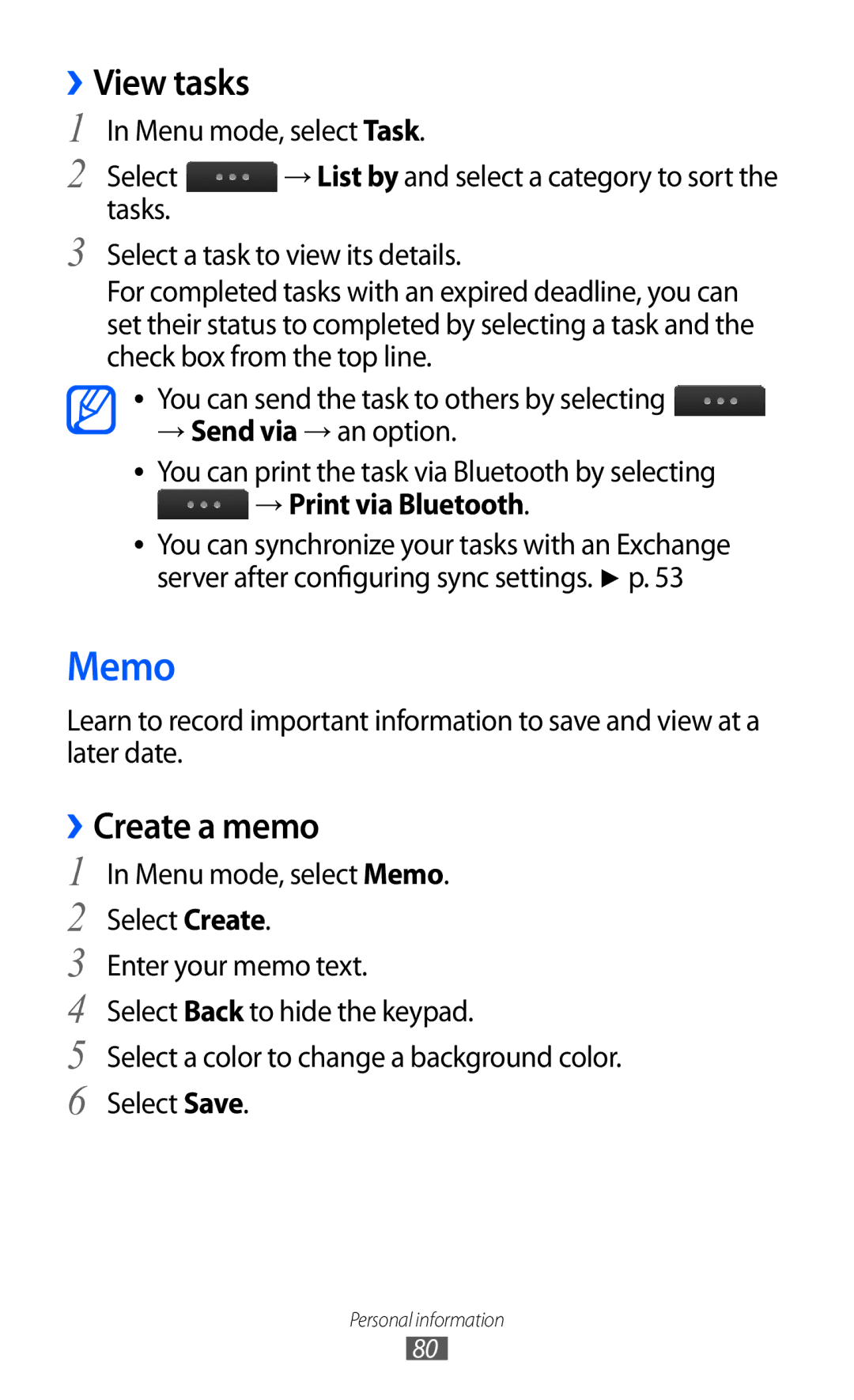 Samsung GT-S5780YKDXEV, GT-S5780YKDXXV Memo, View tasks, ››Create a memo, Menu mode, select Task, → Print via Bluetooth 