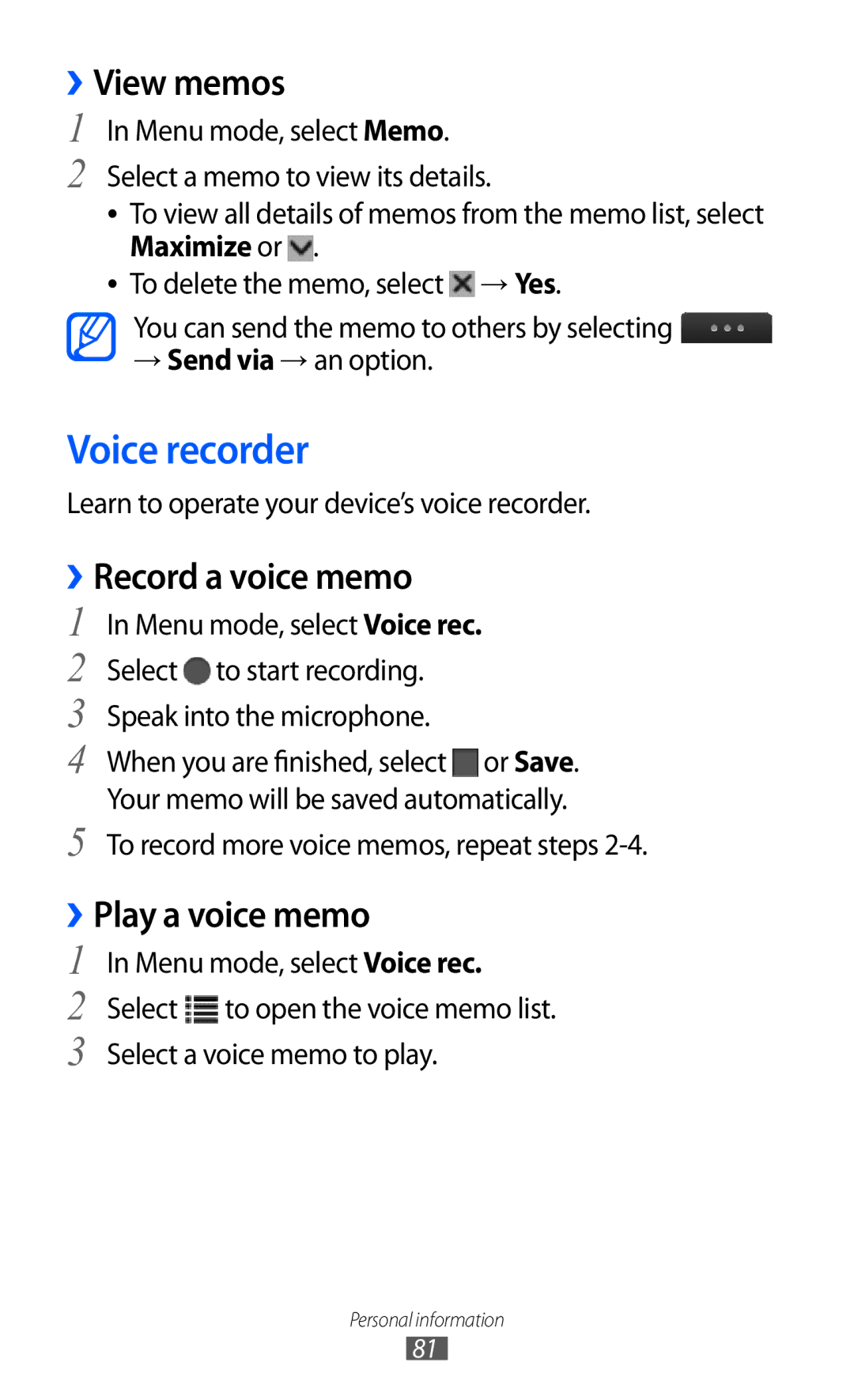 Samsung GT-S5780YKDXXV, GT-S5780YKDXEV manual Voice recorder, ››View memos, ››Record a voice memo, ››Play a voice memo 