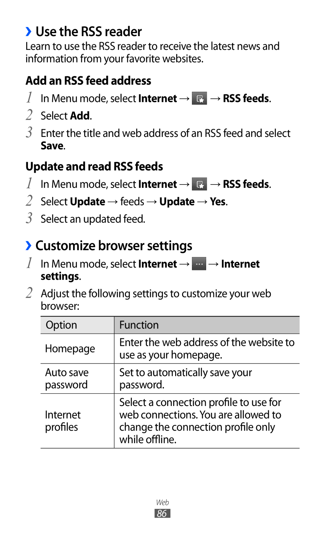 Samsung GT-S5780YKDXEV, GT-S5780YKDXXV ››Use the RSS reader, ››Customize browser settings, Add an RSS feed address, Save 