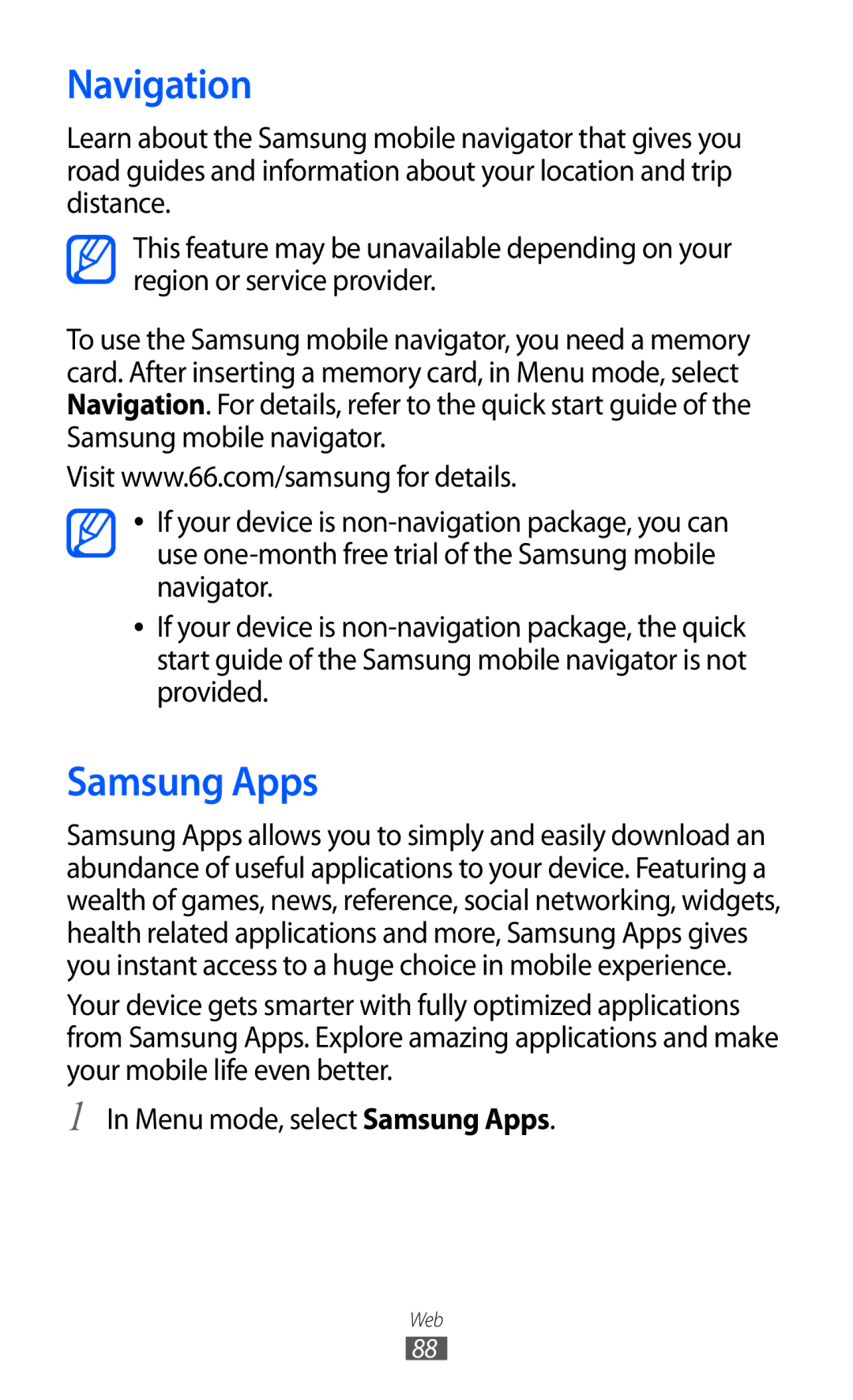 Samsung GT-S5780YKDXEV, GT-S5780YKDXXV manual Navigation, Samsung Apps 