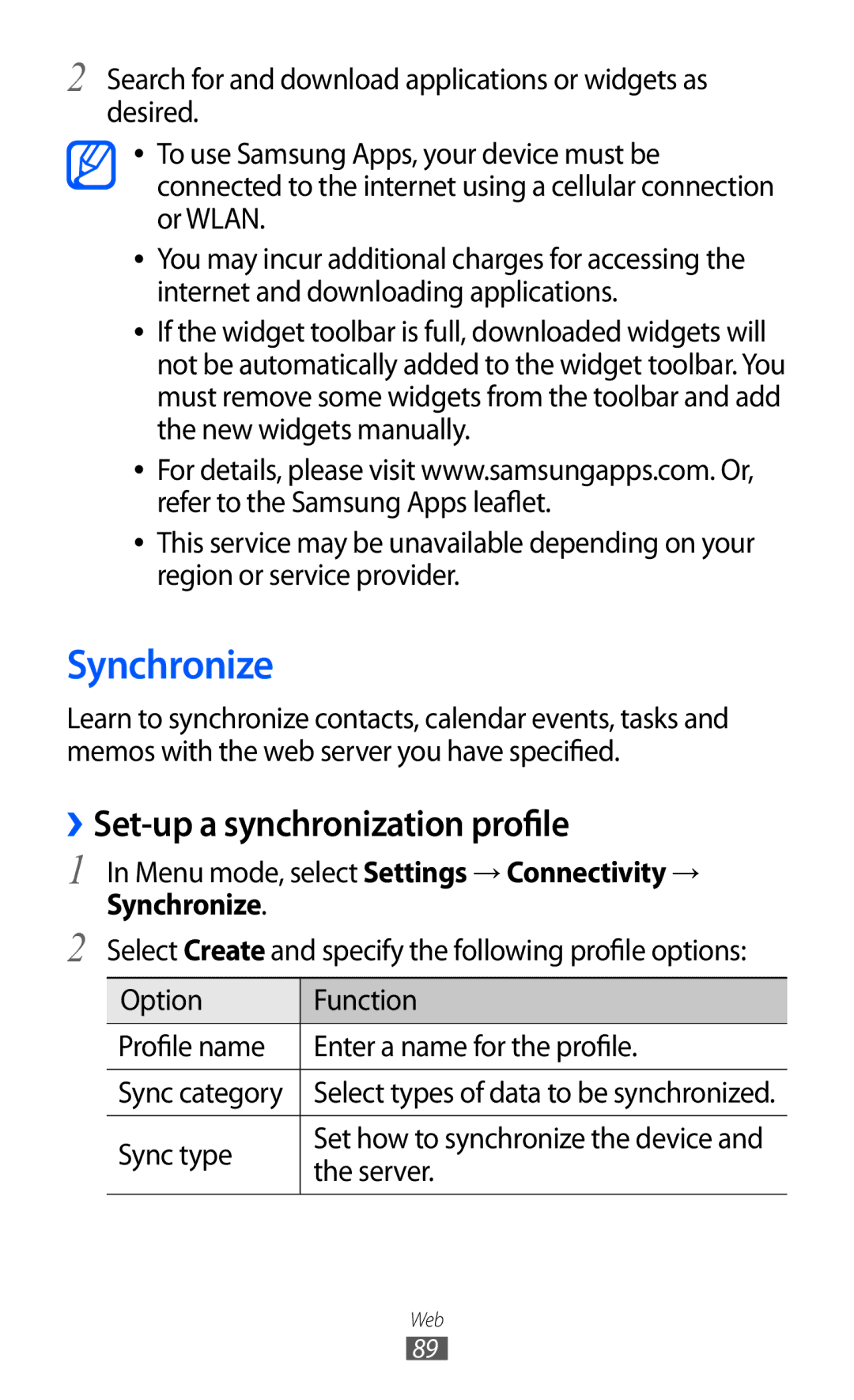 Samsung GT-S5780YKDXXV, GT-S5780YKDXEV manual Synchronize, ››Set-up a synchronization profile, Sync type 