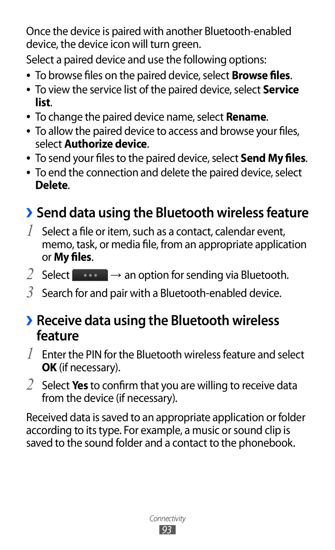 Samsung GT-S5780YKDXXV, GT-S5780YKDXEV manual ››Receive data using the Bluetooth wireless feature, List, Delete 