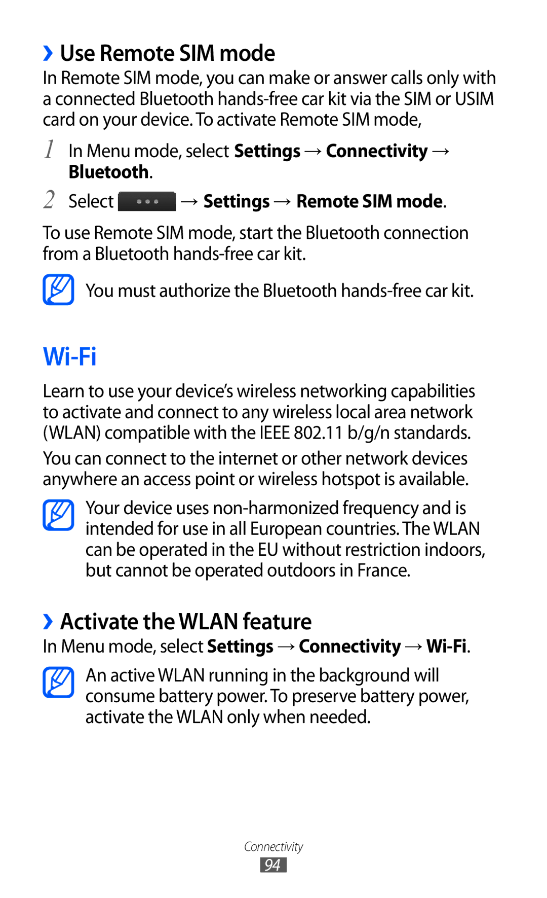 Samsung GT-S5780YKDXEV Wi-Fi, ››Use Remote SIM mode, ››Activate the Wlan feature, Select → Settings → Remote SIM mode 