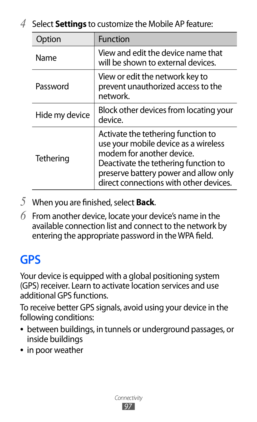 Samsung GT-S5780YKDXXV, GT-S5780YKDXEV manual Device, Activate the tethering function to, When you are finished, select Back 