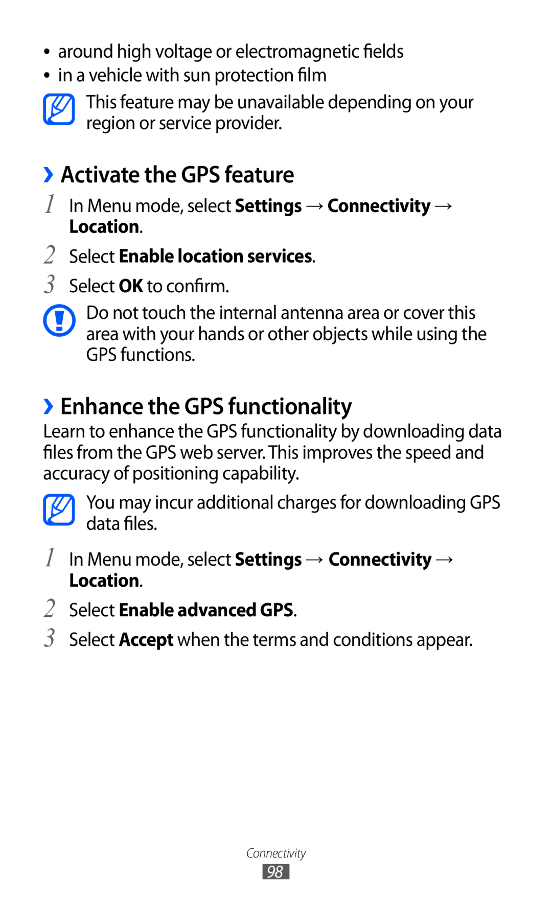 Samsung GT-S5780YKDXEV manual ››Activate the GPS feature, ››Enhance the GPS functionality, Select Enable location services 