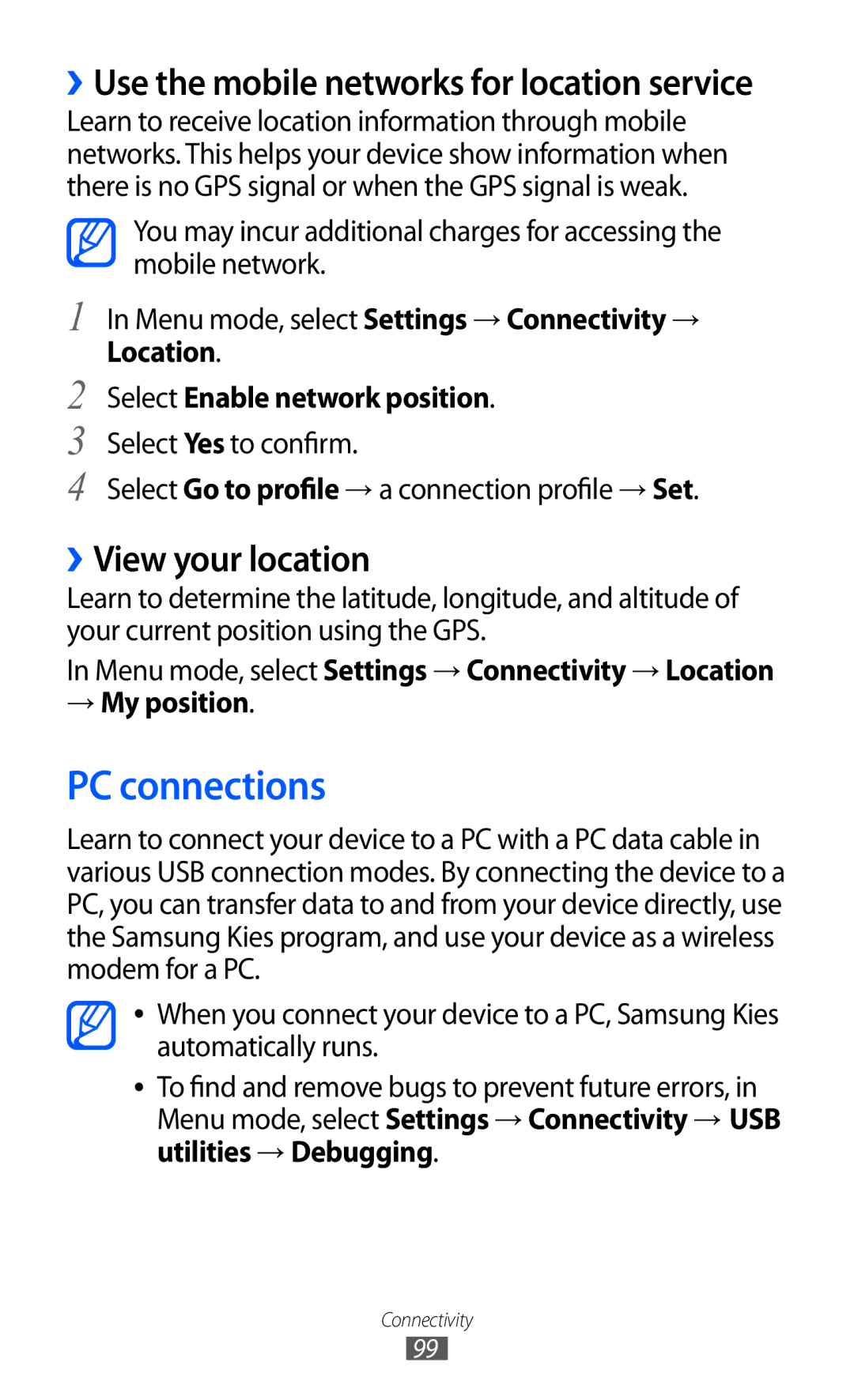 Samsung GT-S5780YKDXXV, GT-S5780YKDXEV manual PC connections, ››View your location, Select Enable network position 