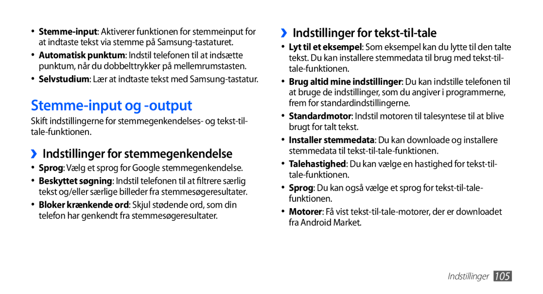 Samsung GT-S5830PPANEE Stemme-input og -output, ››Indstillinger for stemmegenkendelse, ››Indstillinger for tekst-til-tale 