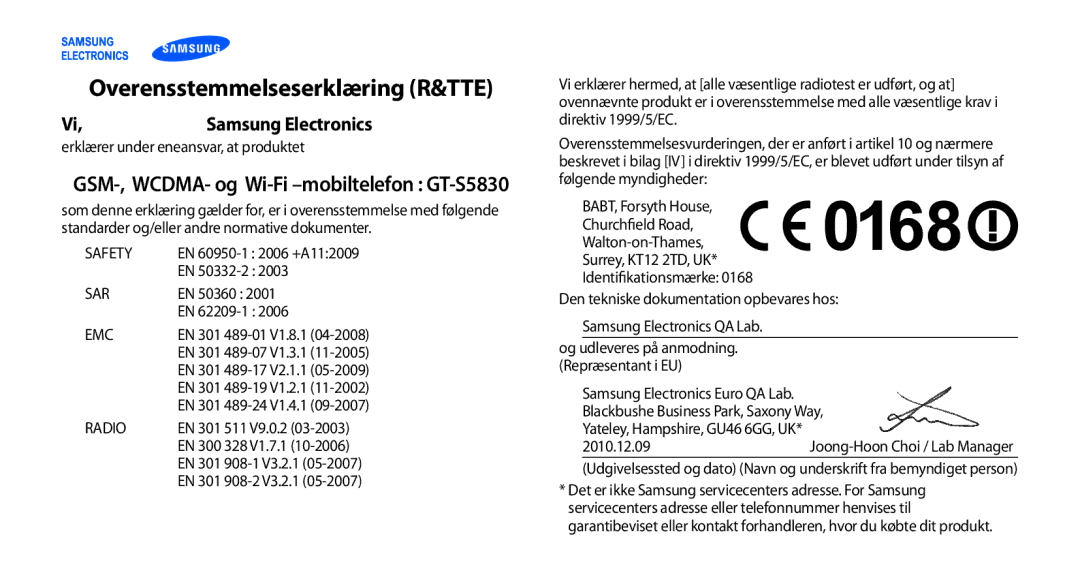 Samsung GT-S5830PPANEE, GT-S5830DKANEE manual Overensstemmelseserklæring R&TTE, GSM-, WCDMA- og Wi-Fi -mobiltelefon GT-S5830 